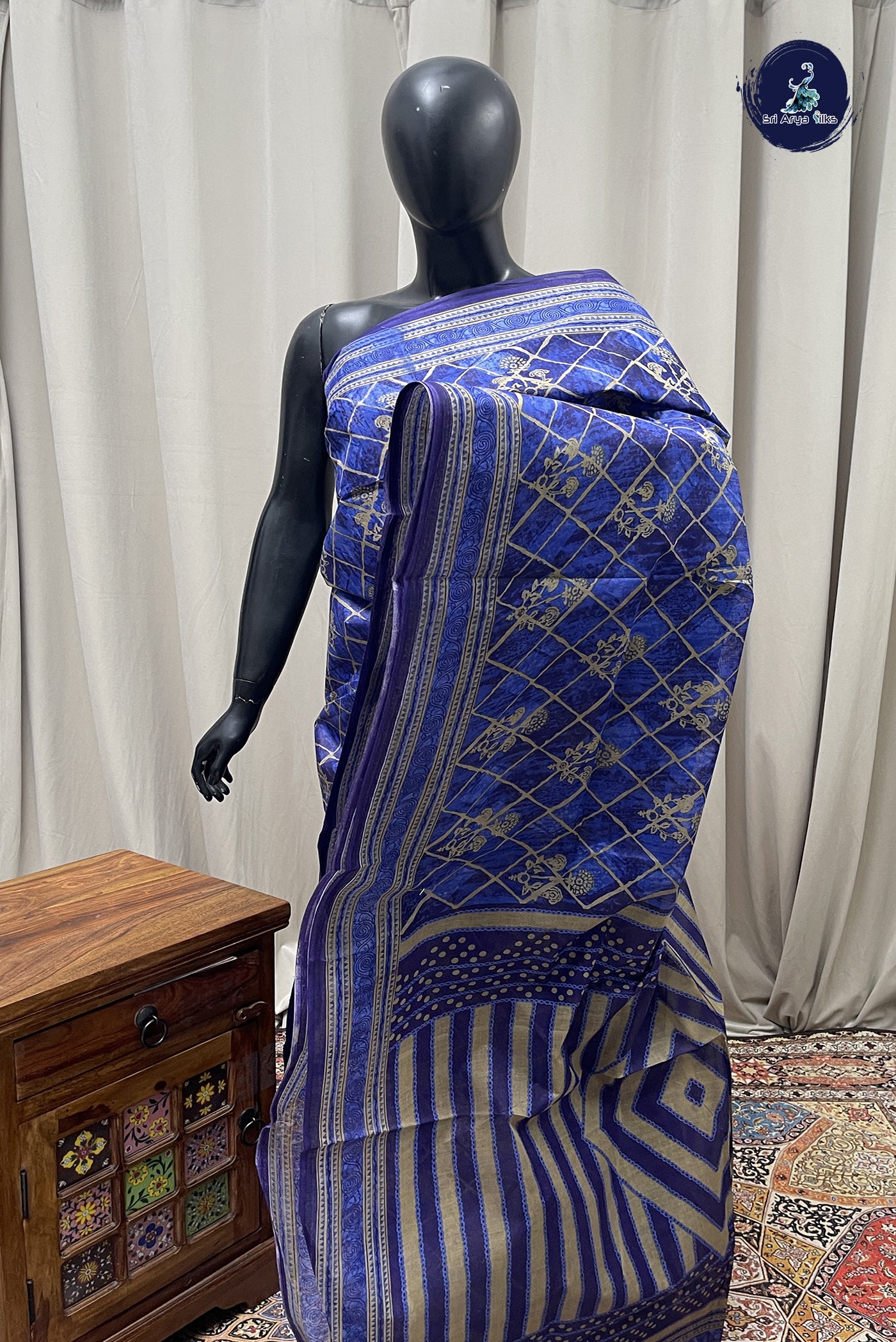 Blue Cotton Saree With Printed Pattern