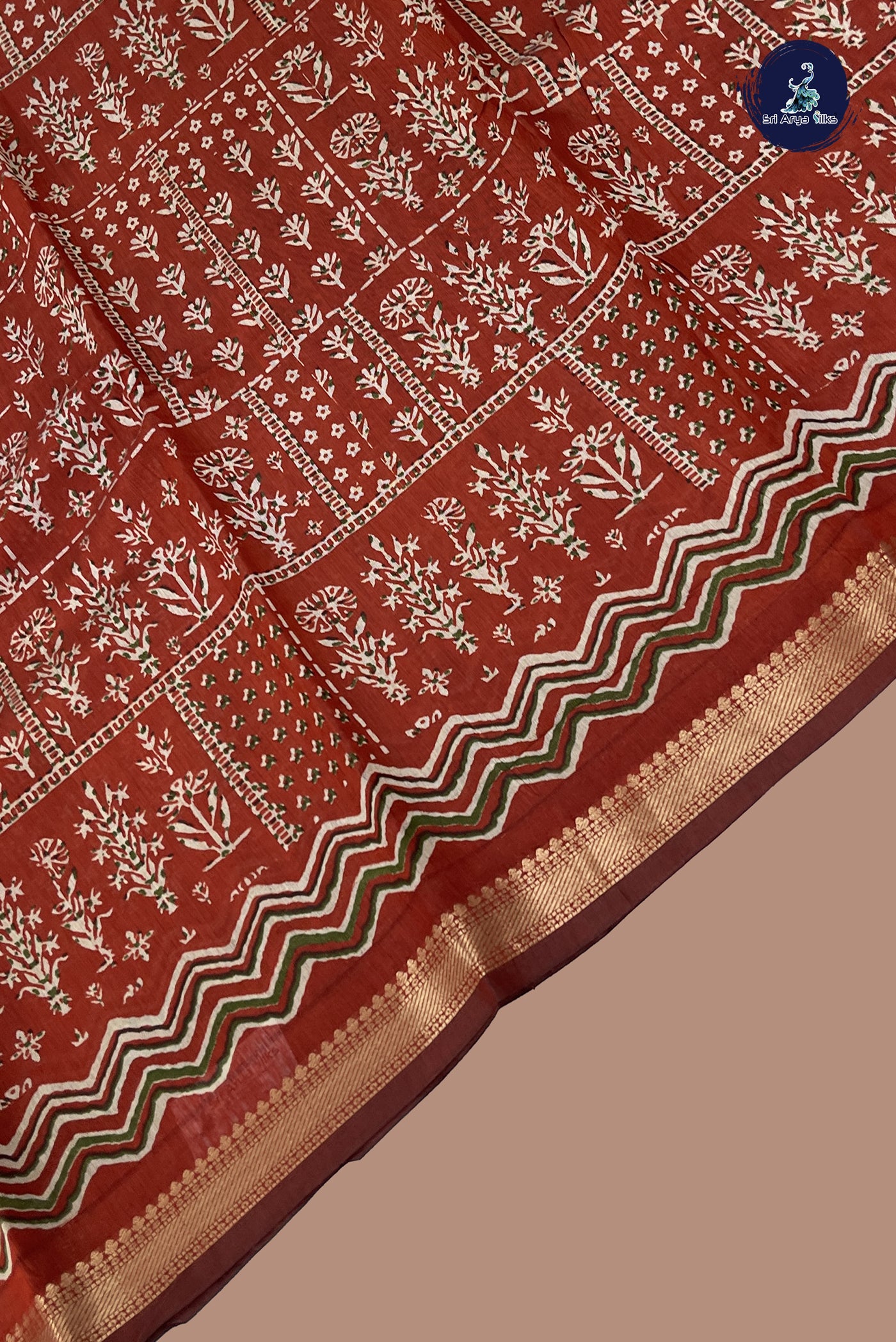 Rust Semi Chanderi Saree With Printed Pattern