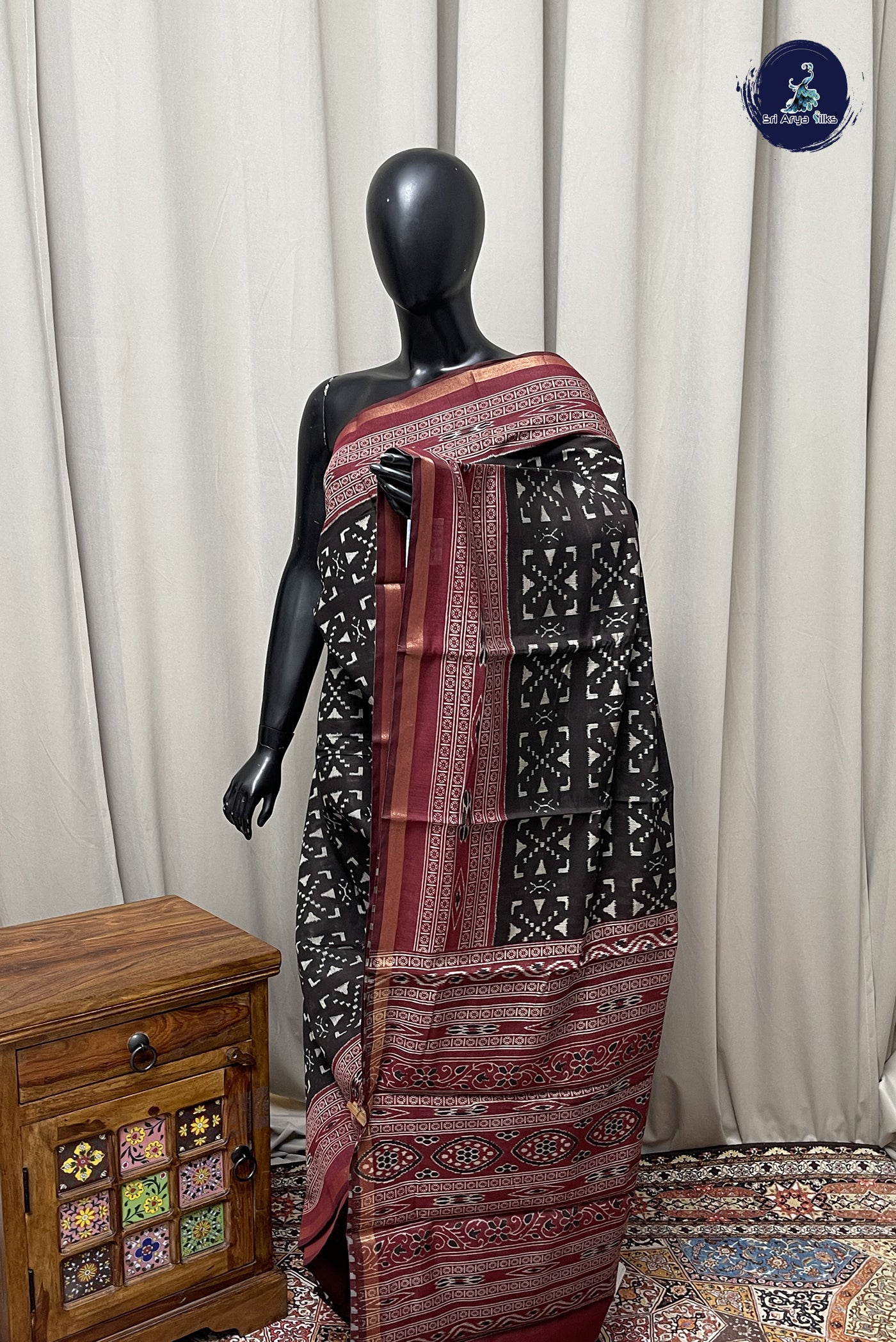 Black Semi Chanderi Saree With Printed Pattern