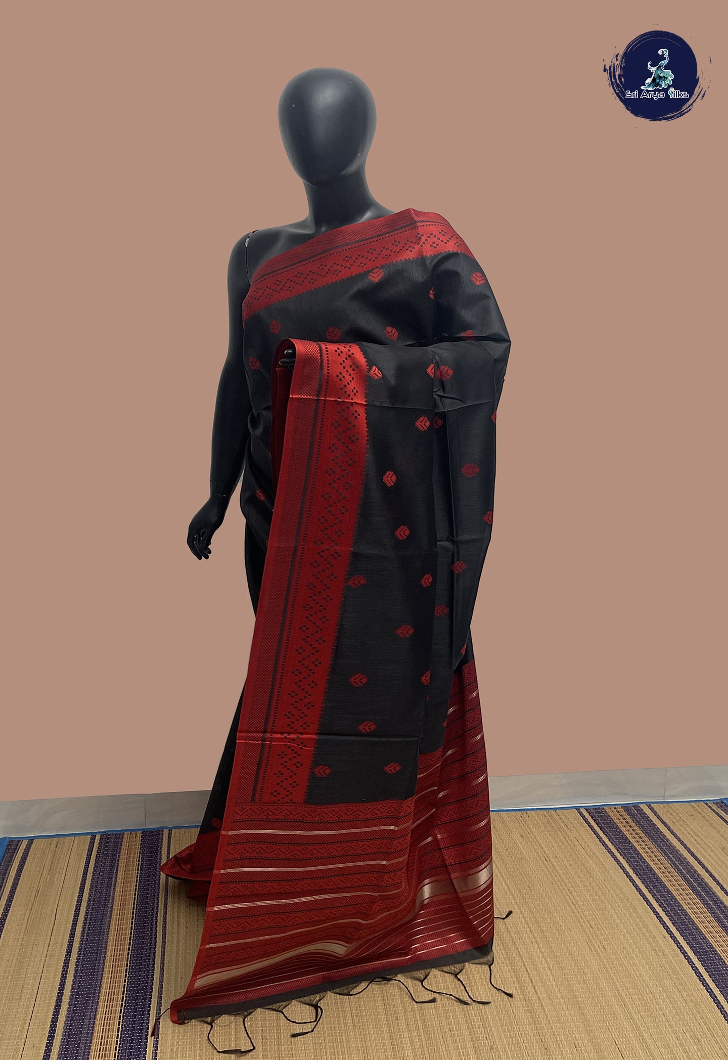 Black Semi Raw Silk Saree With Thread Work Pattern