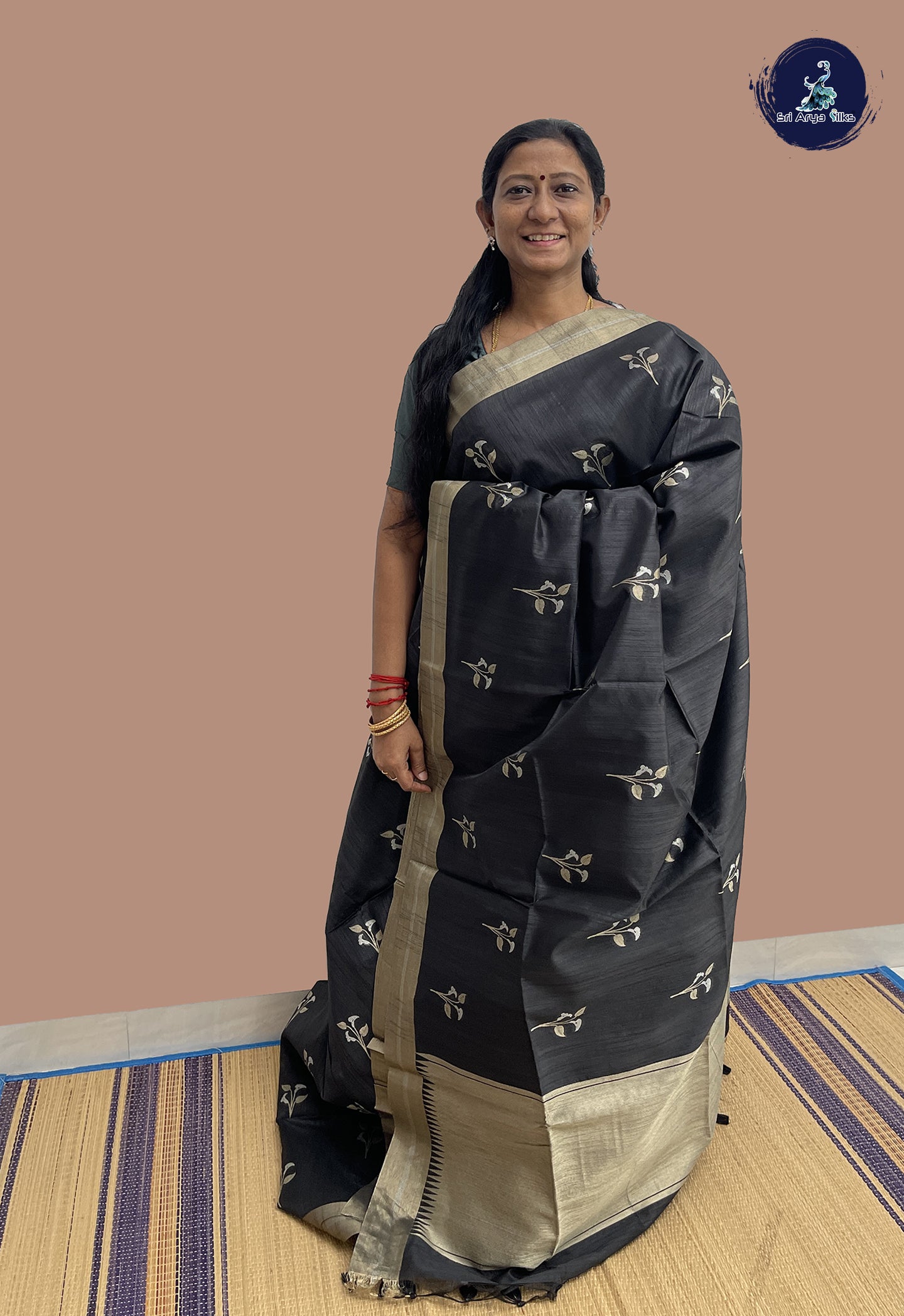 Black Semi Raw Silk Saree With Zari Buttas Pattern