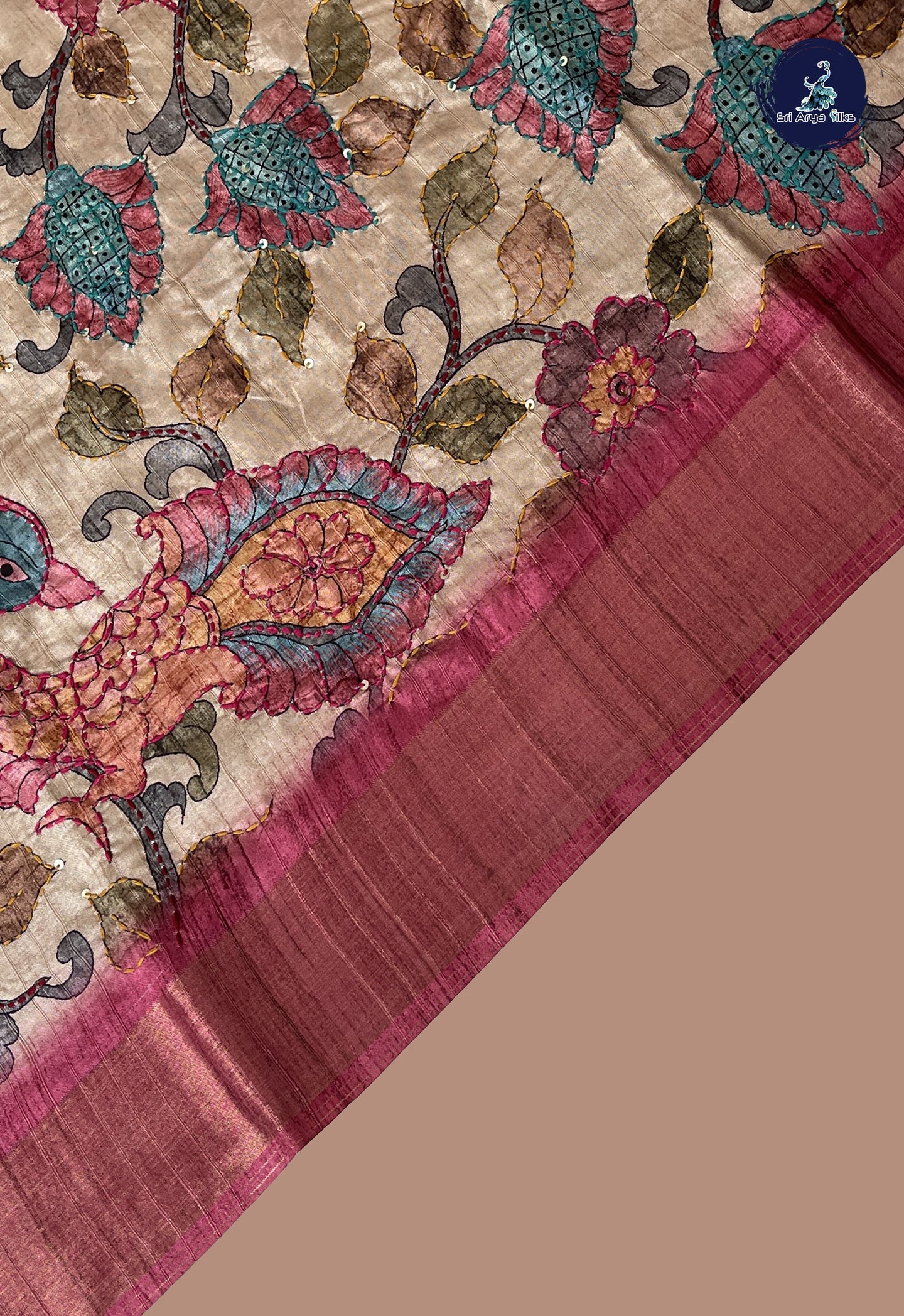 Beige Semi Tussar Saree With Kantha Work Pattern