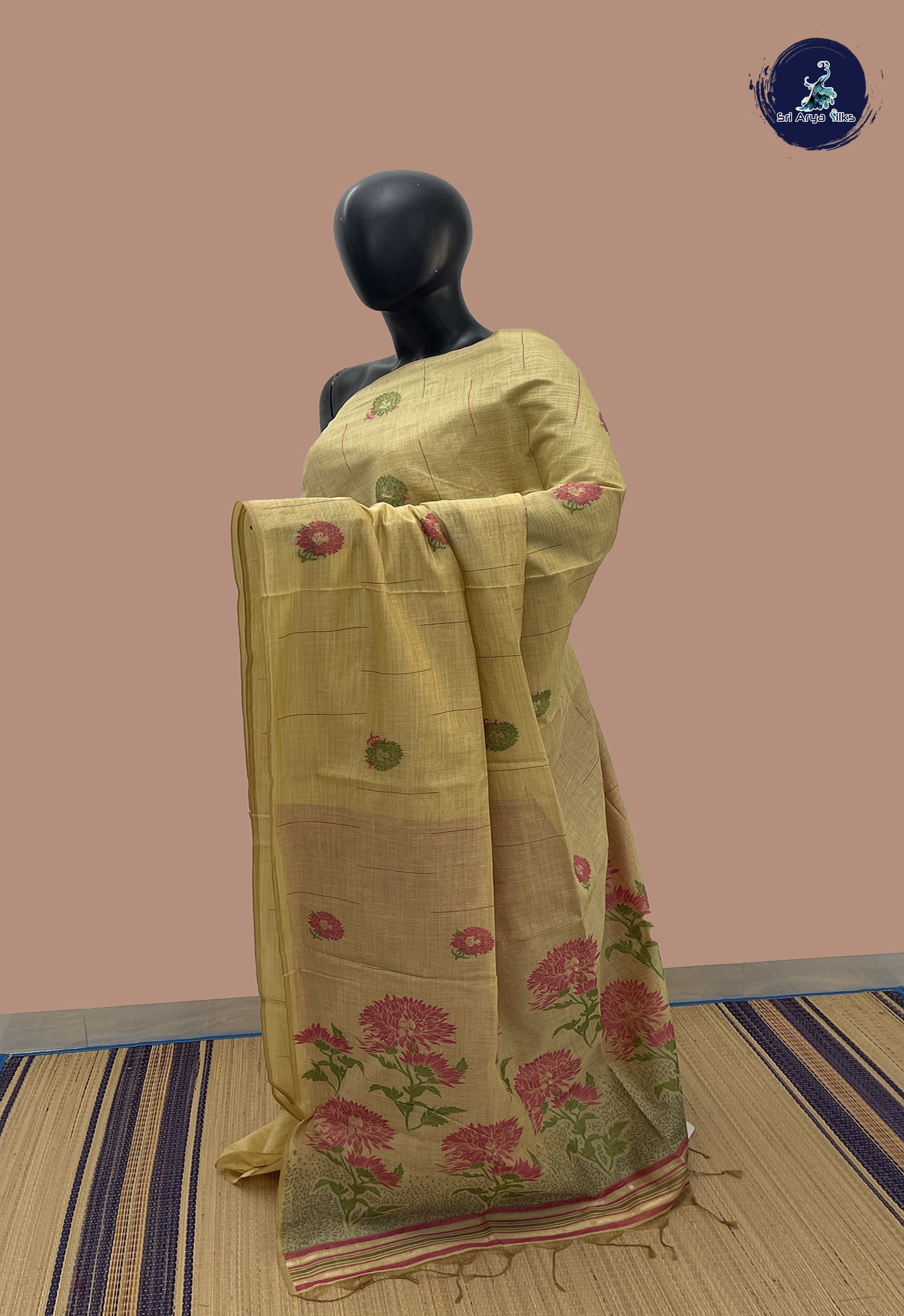 Creamish Yellow Semi Tussar Saree With Embroidery Pattern