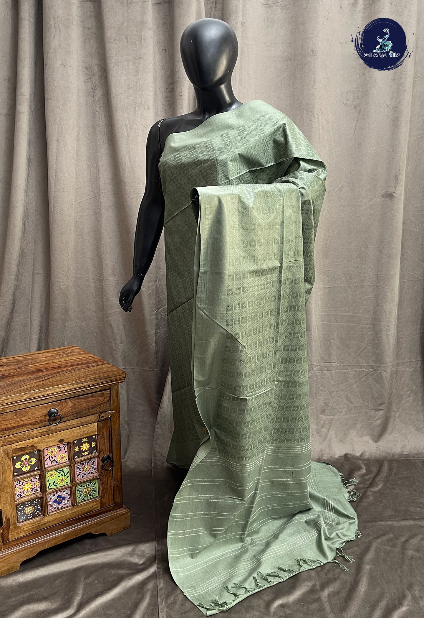 Olive Green Tussar Saree With Embossed Pattern