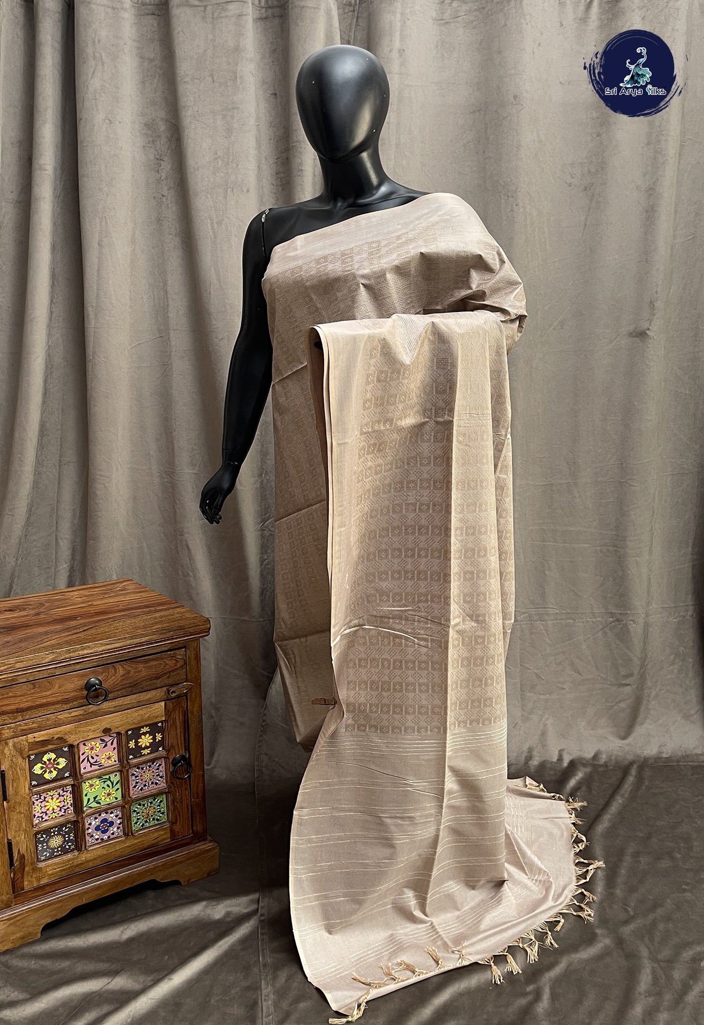 Fawn Tussar Saree With Embossed Pattern