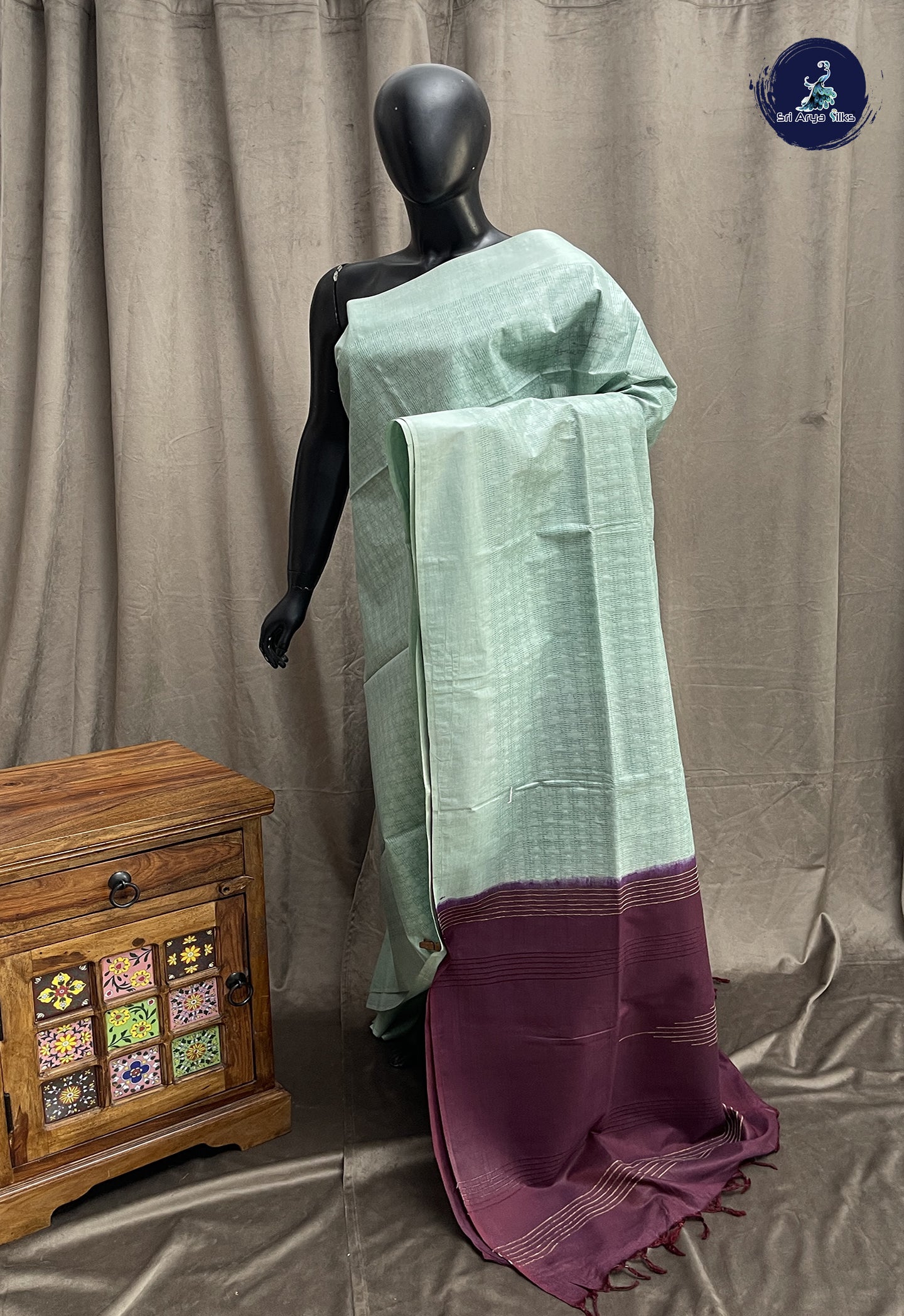 Powder Blue Tussar Saree With Embossed Pattern
