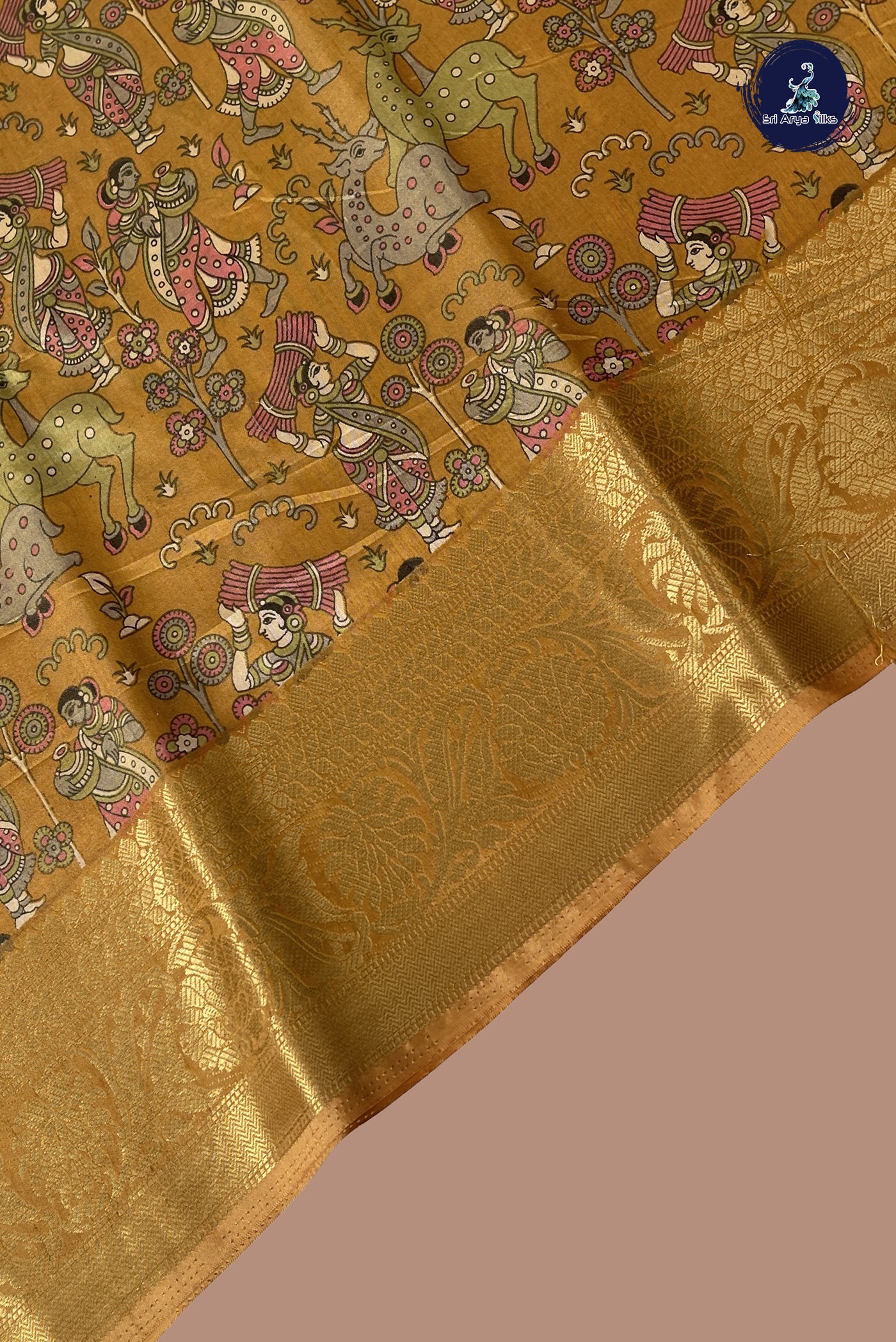 Mustard Yellow Semi Tussar Saree With Kalamkari Pattern