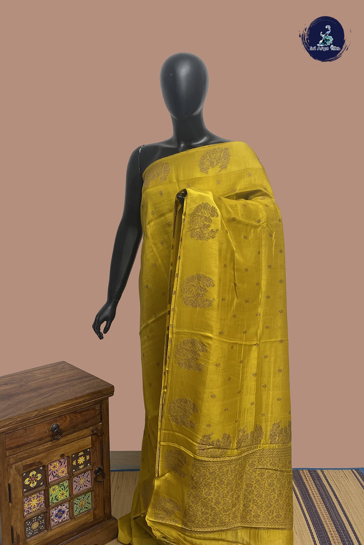 Yellow Tussar Saree With Zari Buttas Pattern