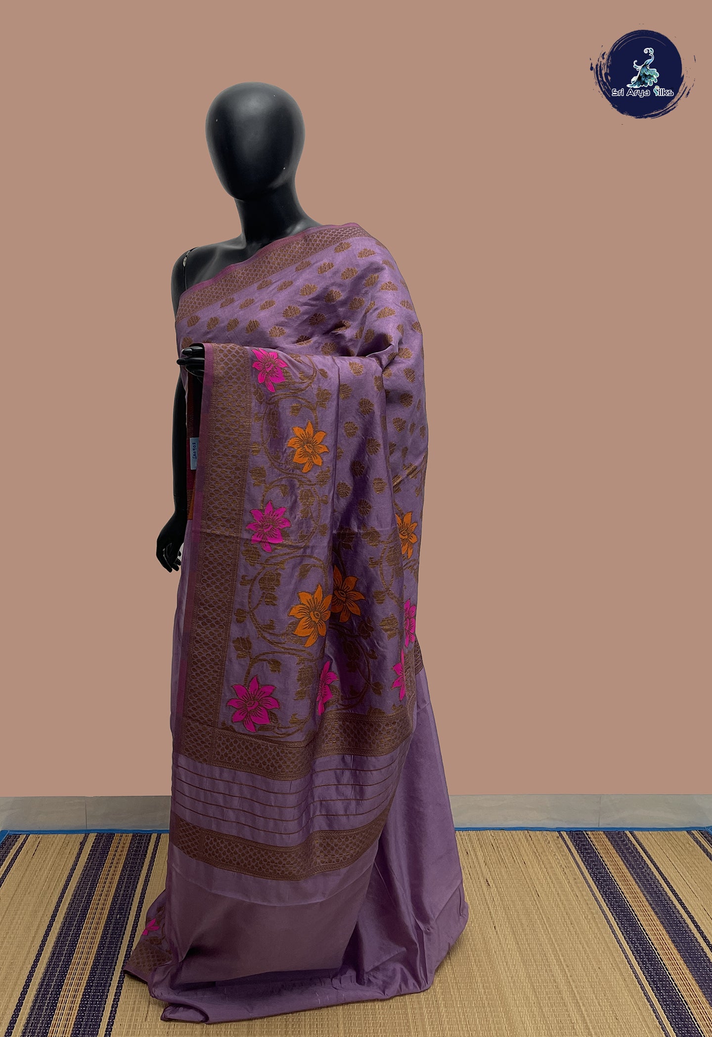 Lavender Semi Banarasi Saree With Zari Buttas Pattern