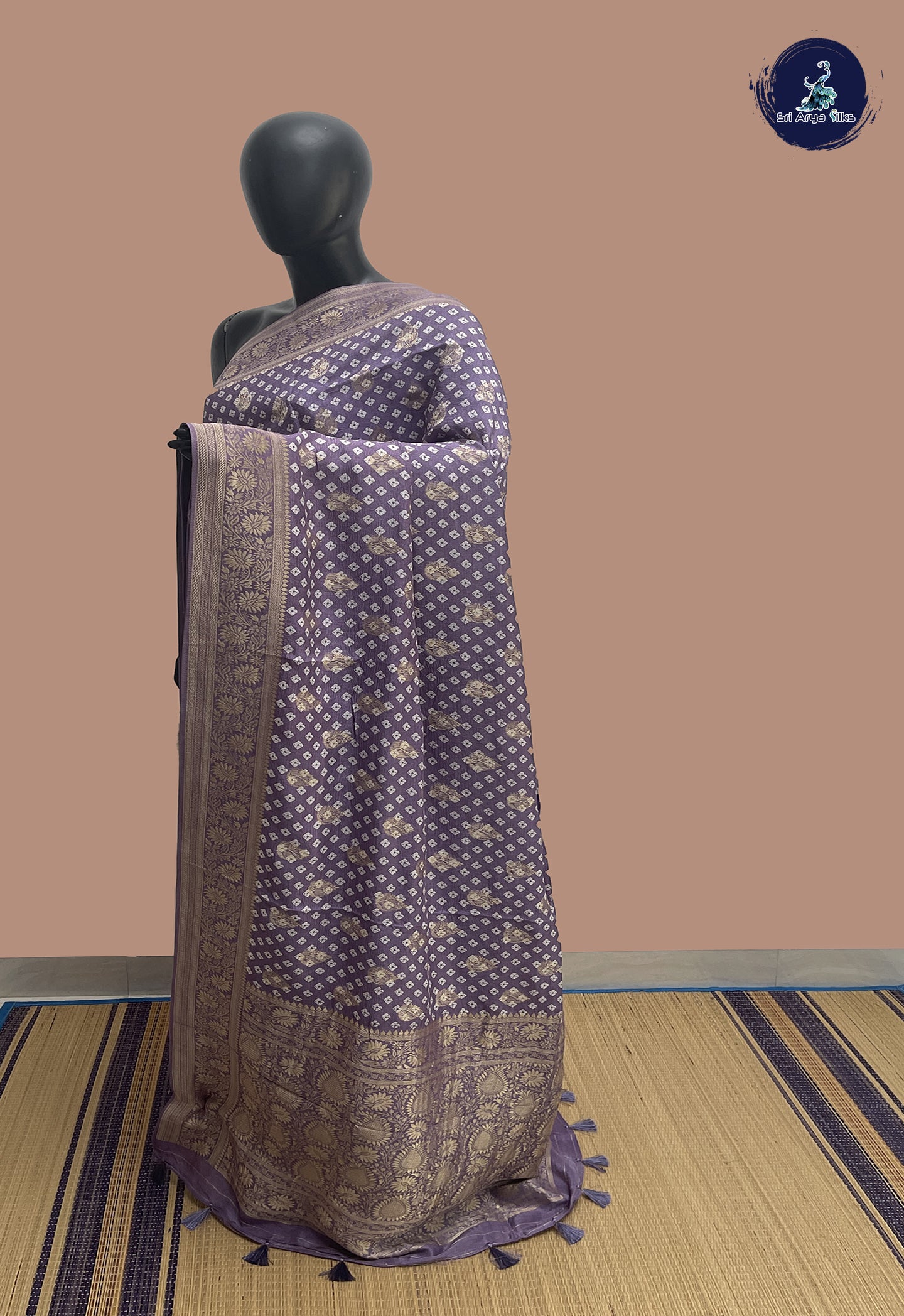 Lavender Tussar Saree With Zari Buttas Pattern