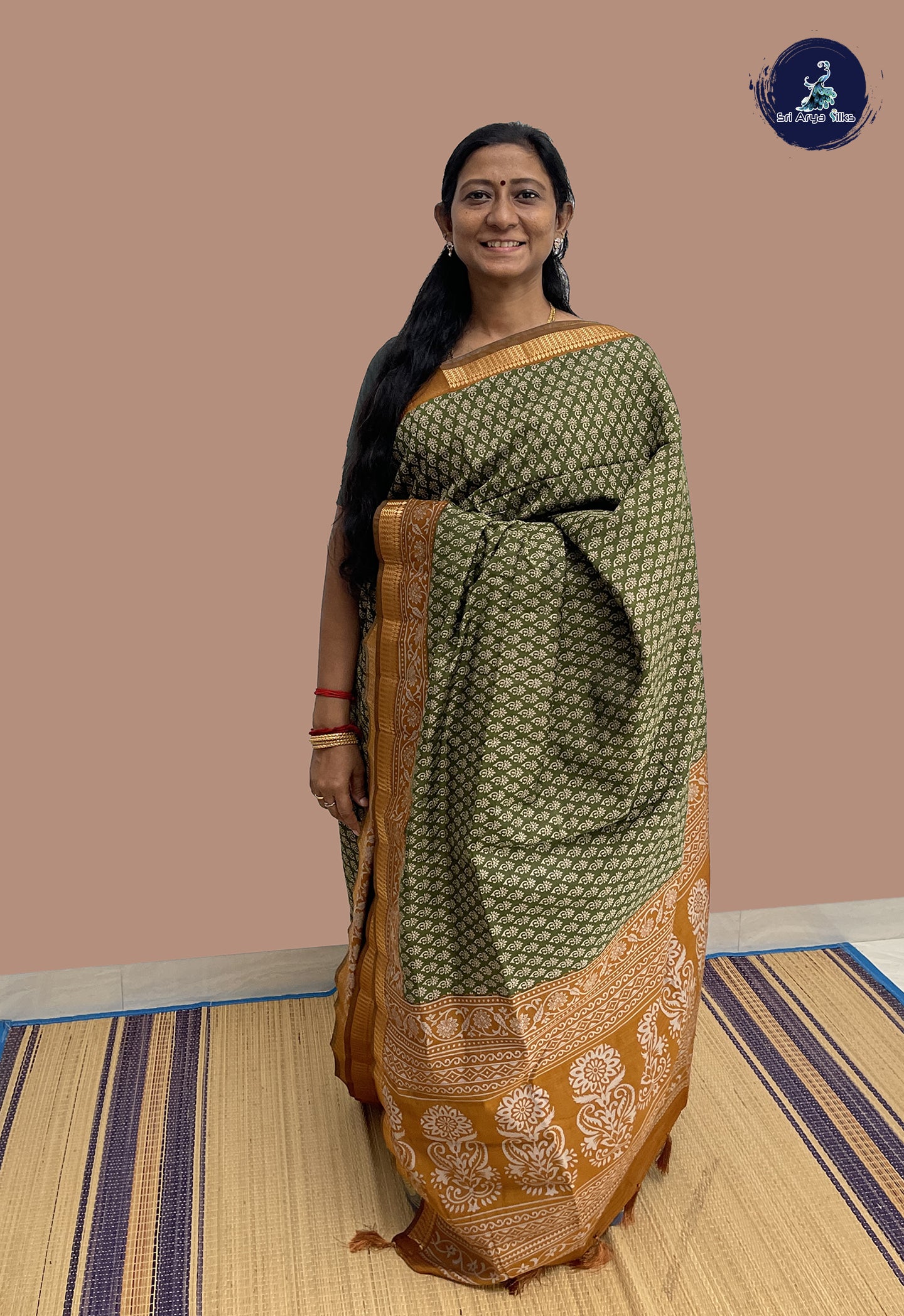 Green Semi Chanderi Saree With Printed Pattern