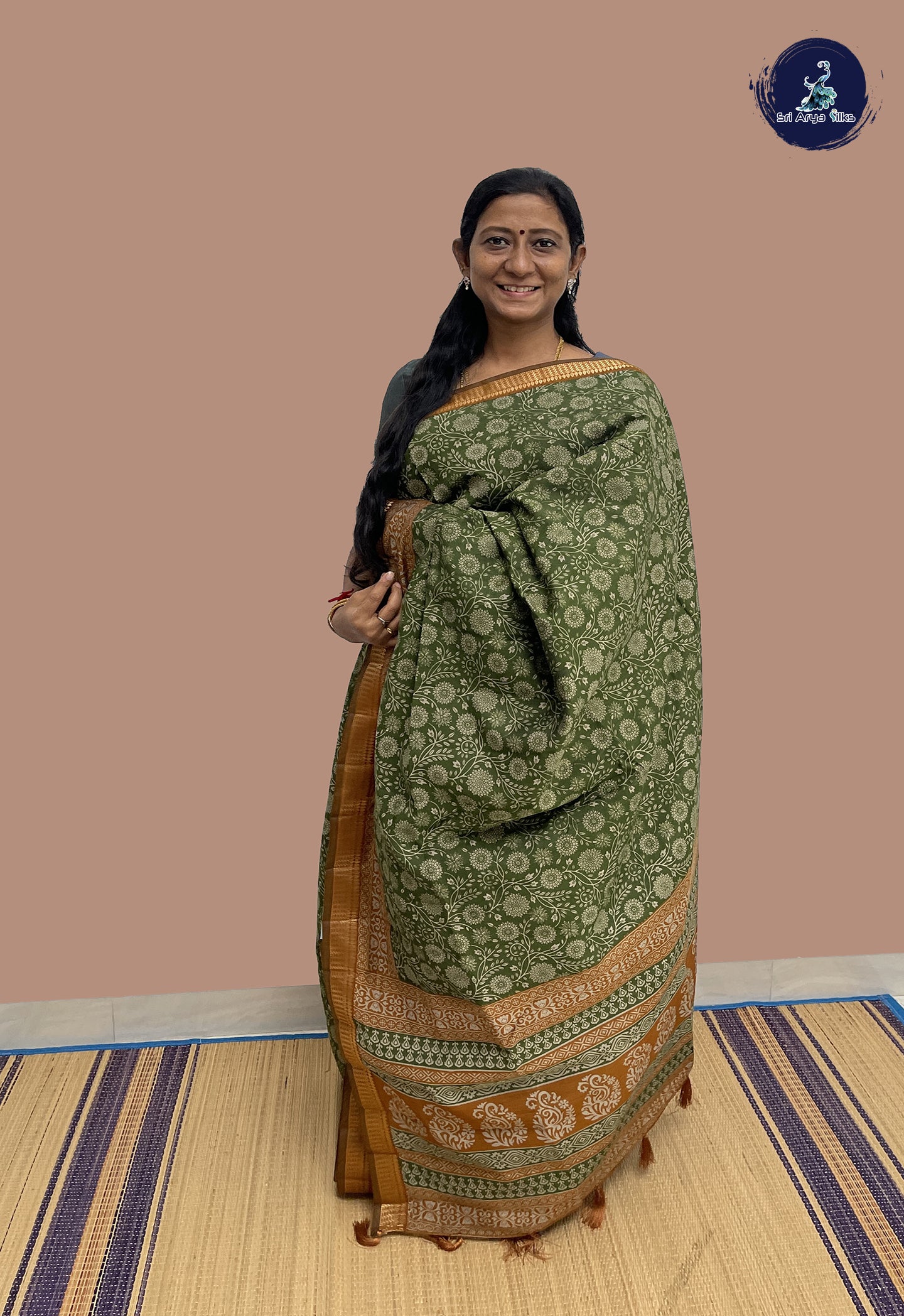 Green Semi Chanderi Saree With Printed Pattern