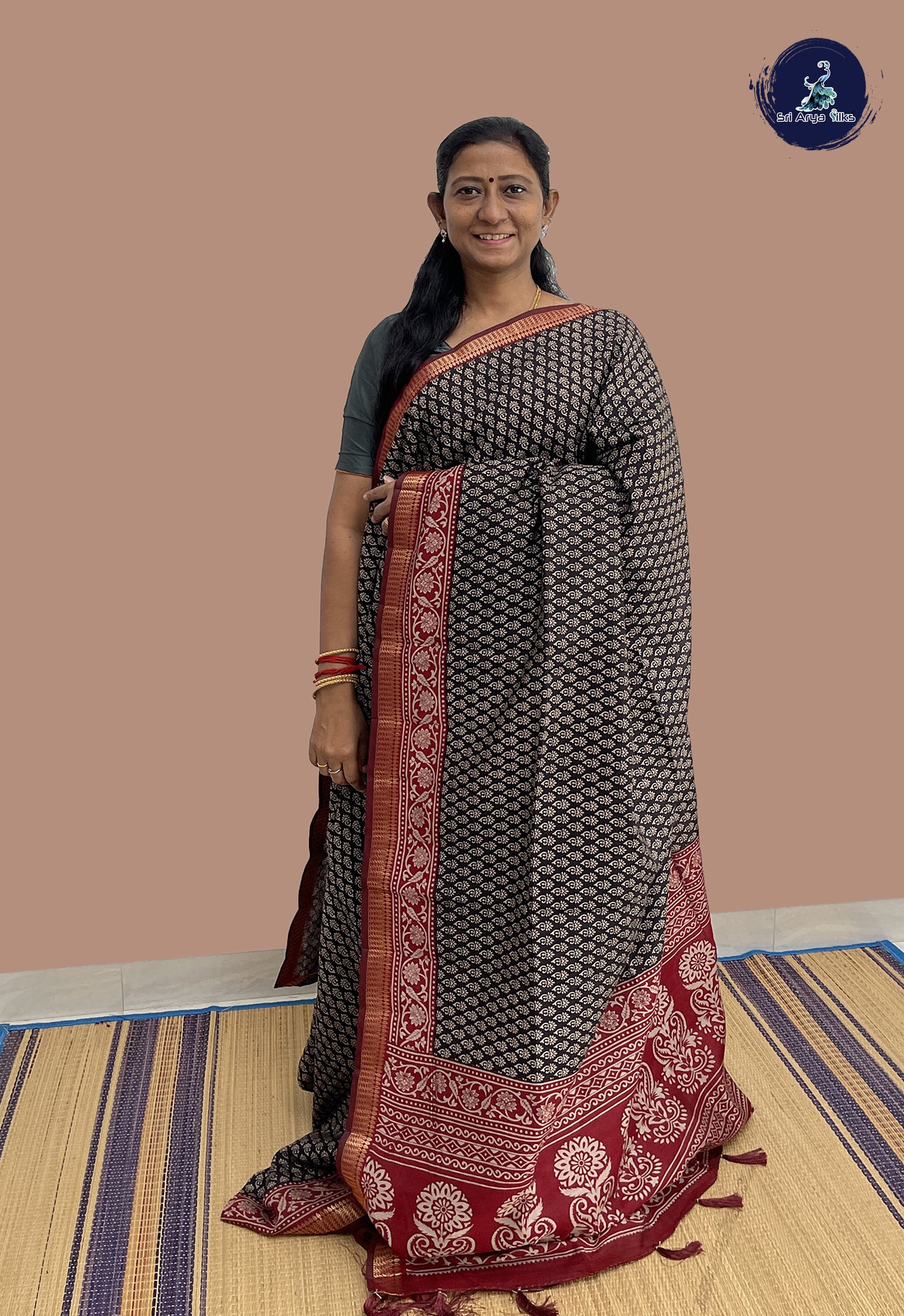 Black Semi Chanderi Saree With Printed Pattern