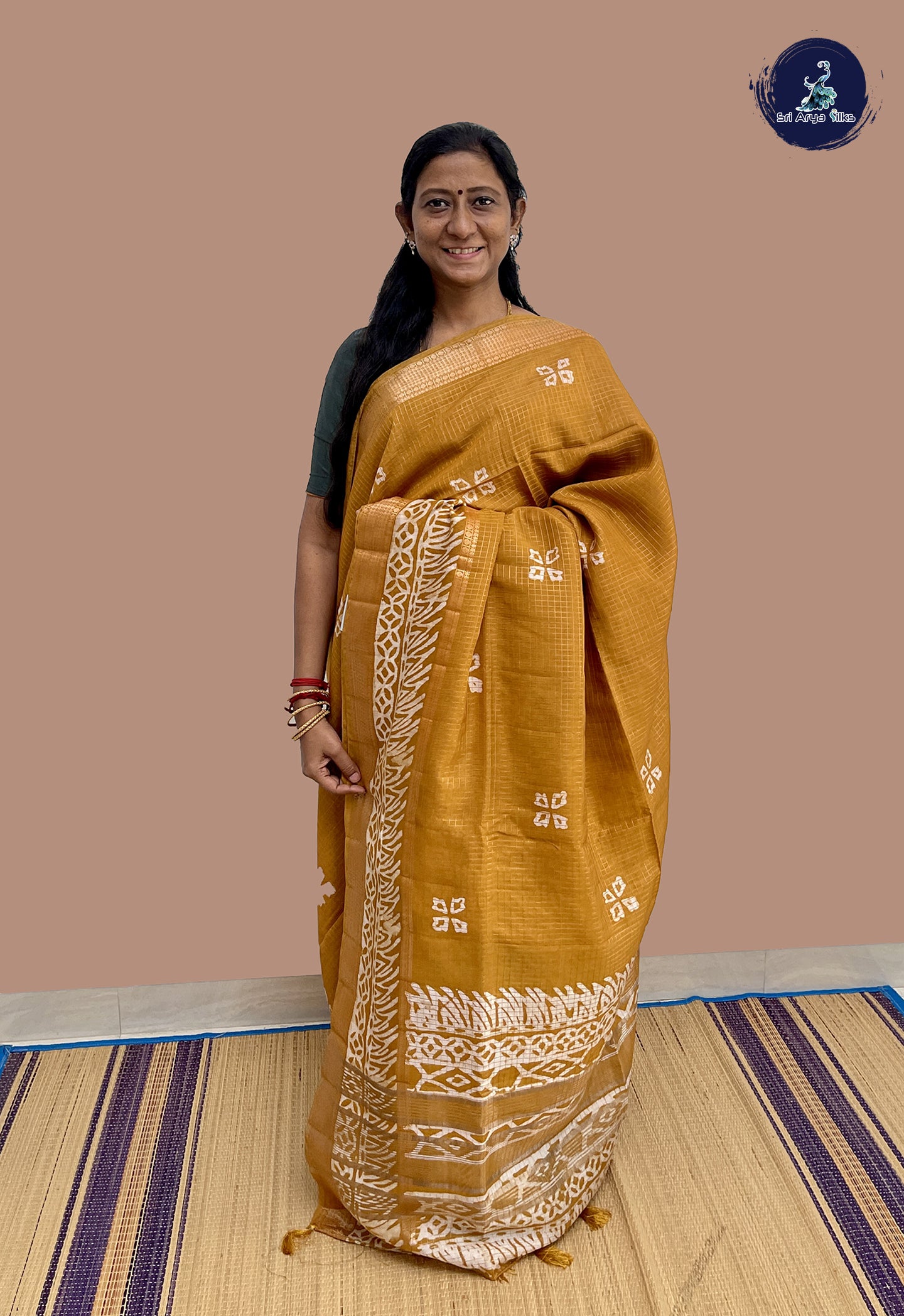 Yellow Semi Chanderi Saree With Zari Checked Pattern