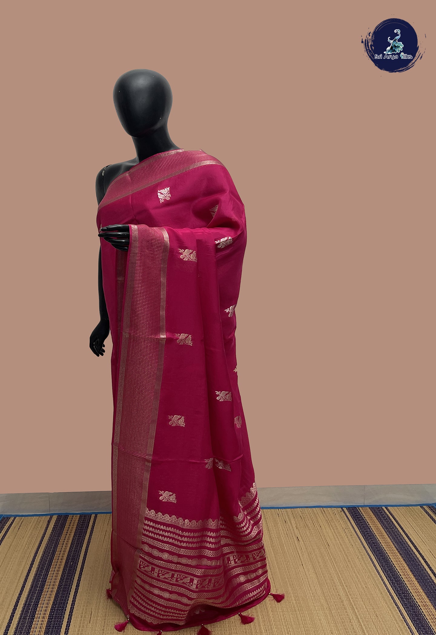 Magenta Pink Semi Banarasi Saree With Zari Buttas Pattern