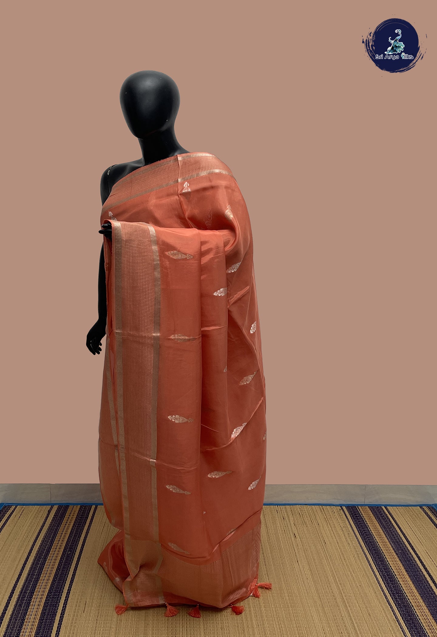 Peach Semi Banarasi Saree With Zari Buttas Pattern