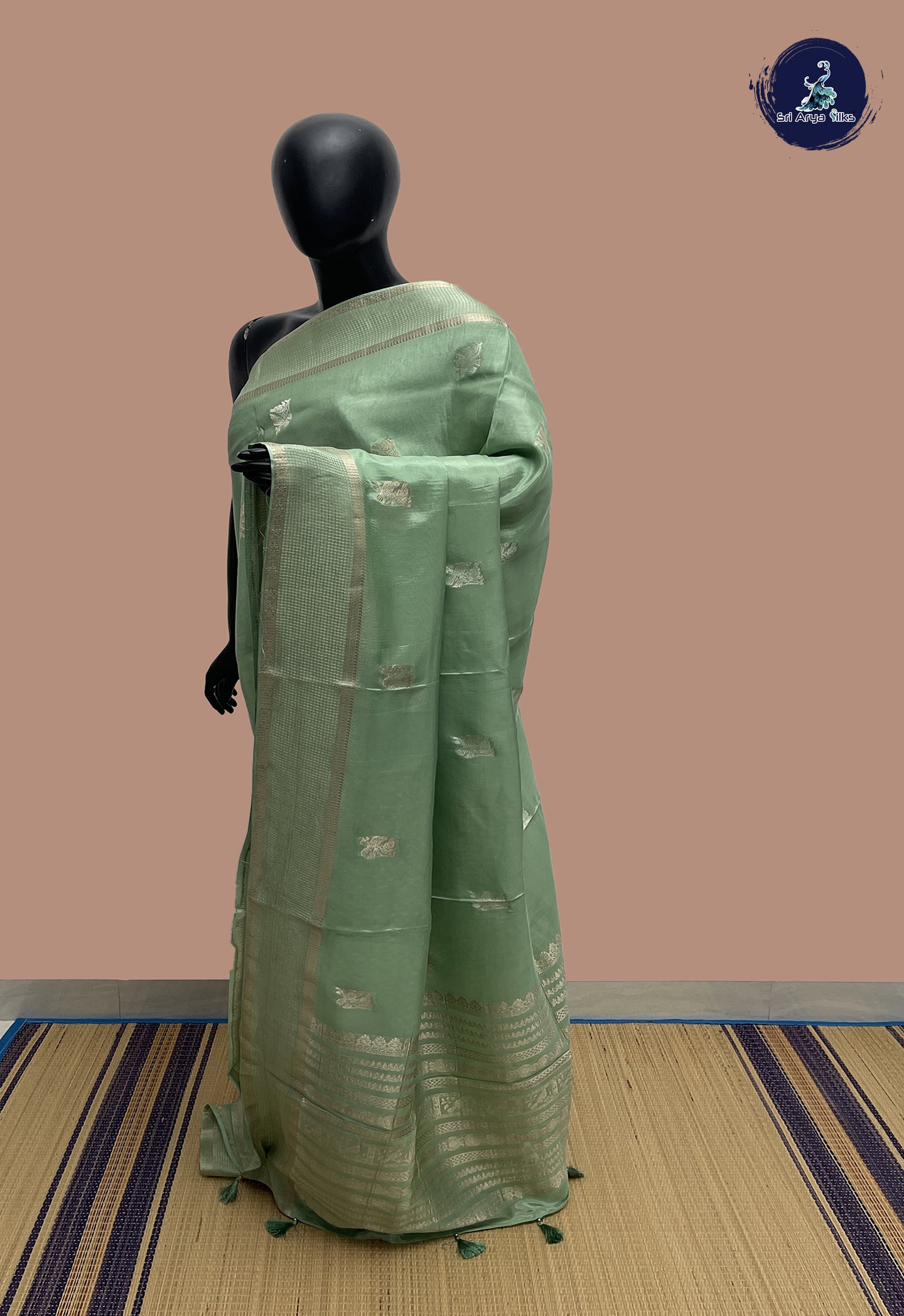 Pista Green Semi Banarasi Saree With Zari Buttas Pattern