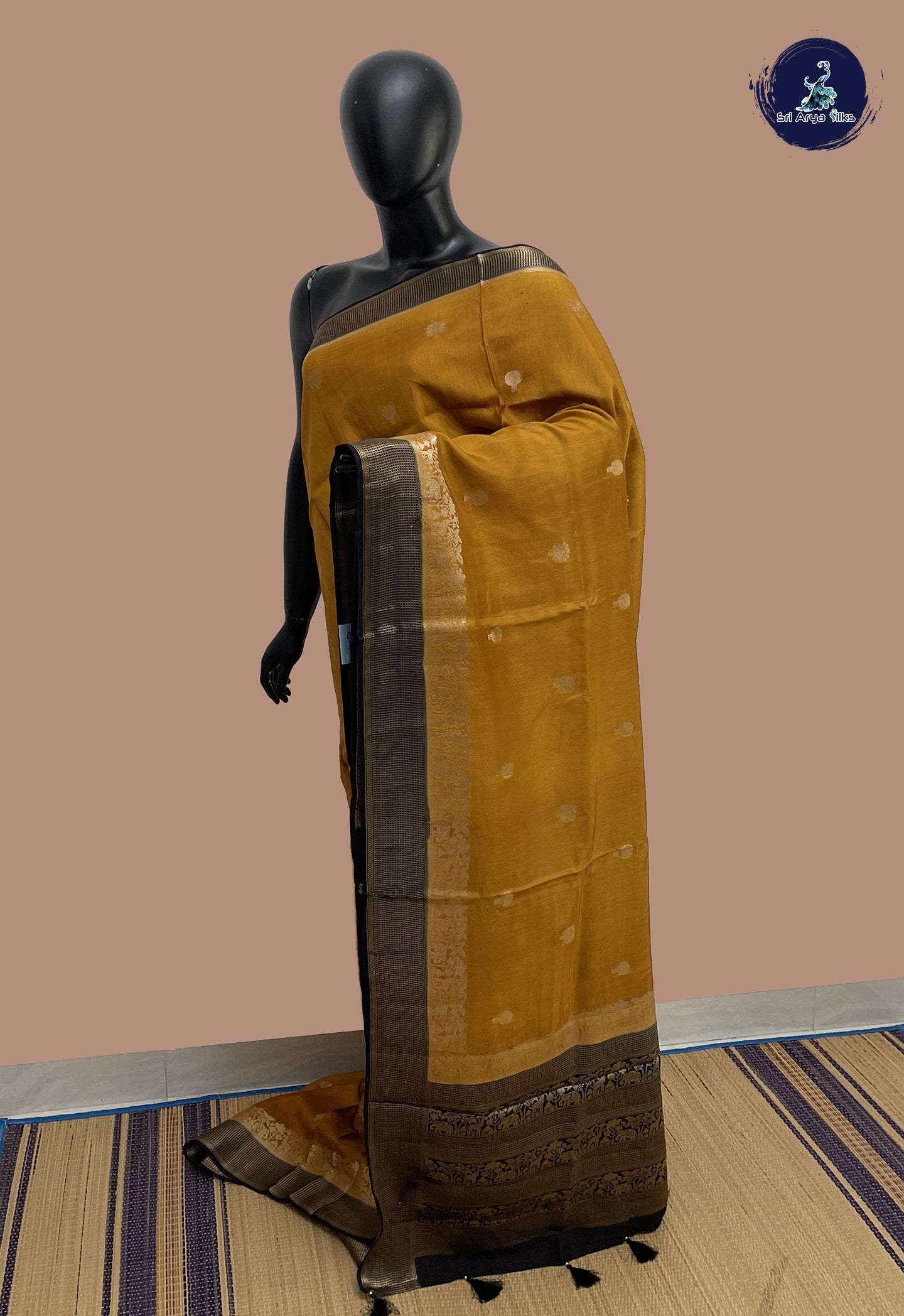 Mustard Semi Banarasi Saree With Zari Buttas Pattern