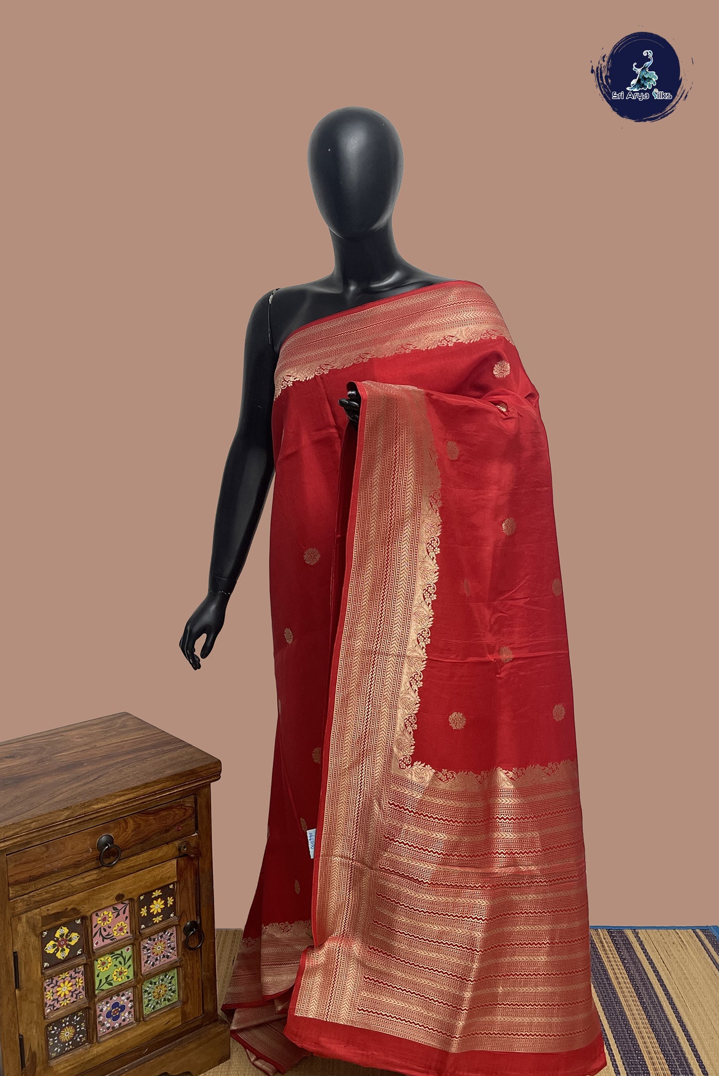 Red Semi Banarasi Saree With Zari Buttas Pattern