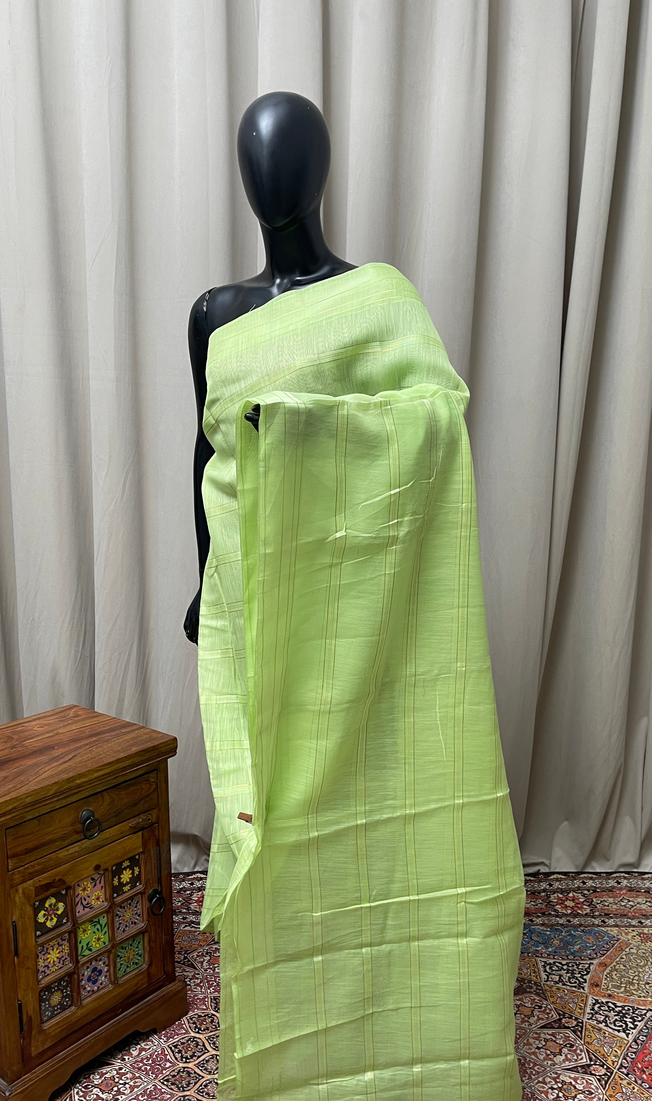 Pastel Green Chanderi Saree With Zari Stripes Pattern