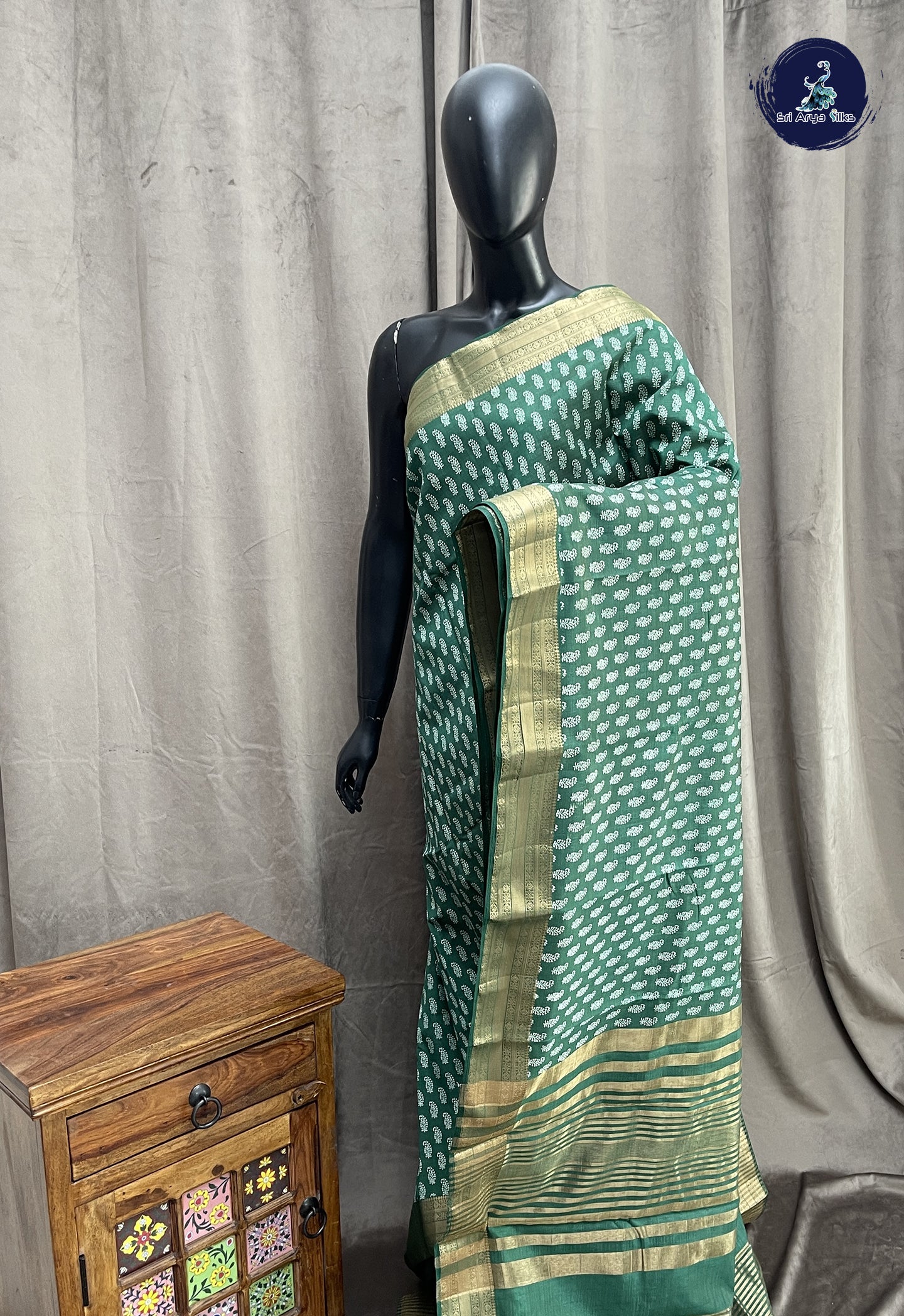Dark Green Semi Tussar Saree With Printed Pattern