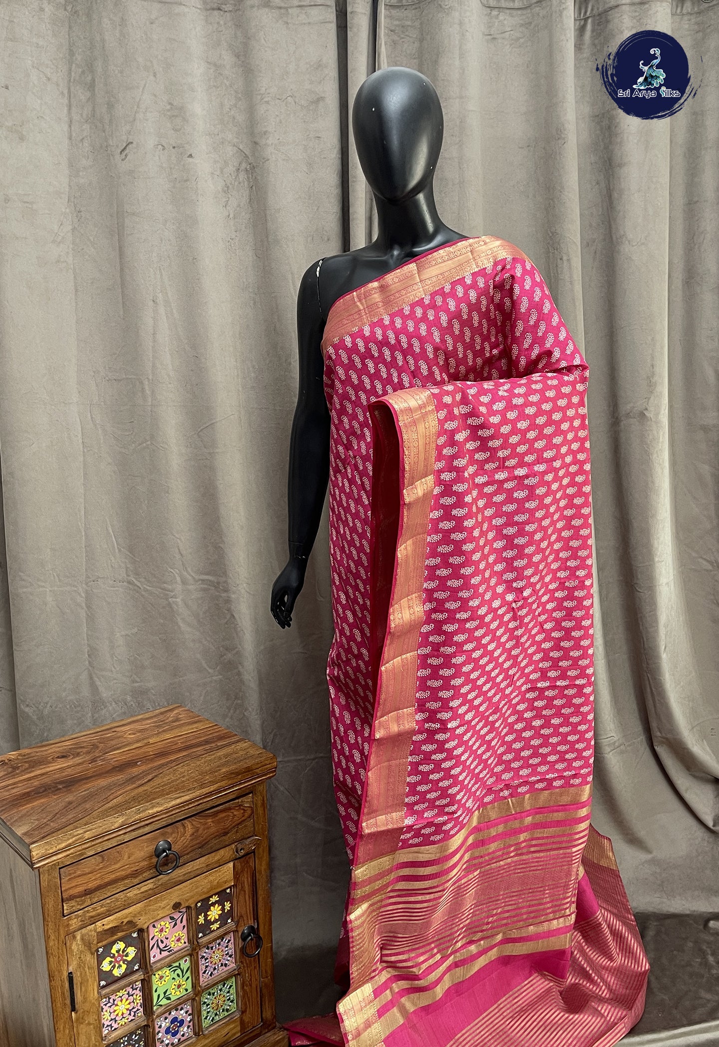 Magenta Pink Semi Tussar Saree With Printed Pattern