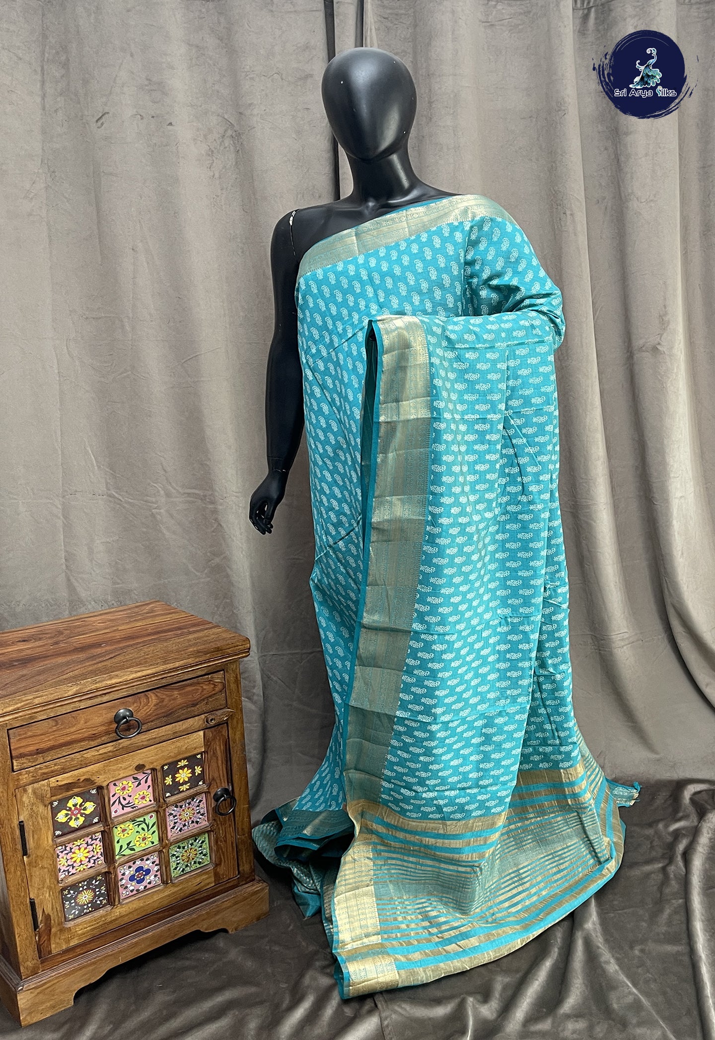 Teal Blue Semi Tussar Saree With Printed Pattern
