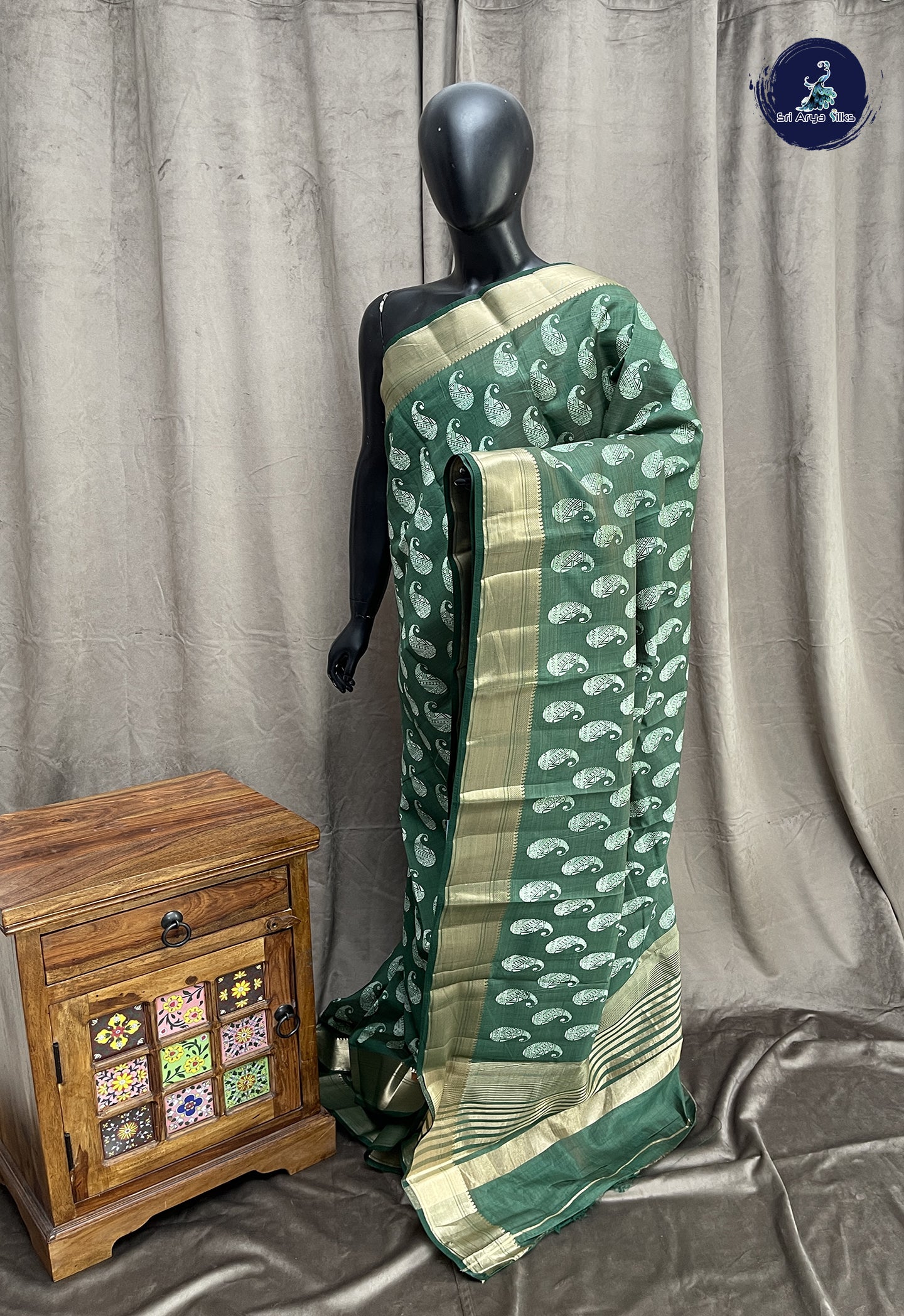 Dark Green Semi Tussar Saree With Printed Pattern