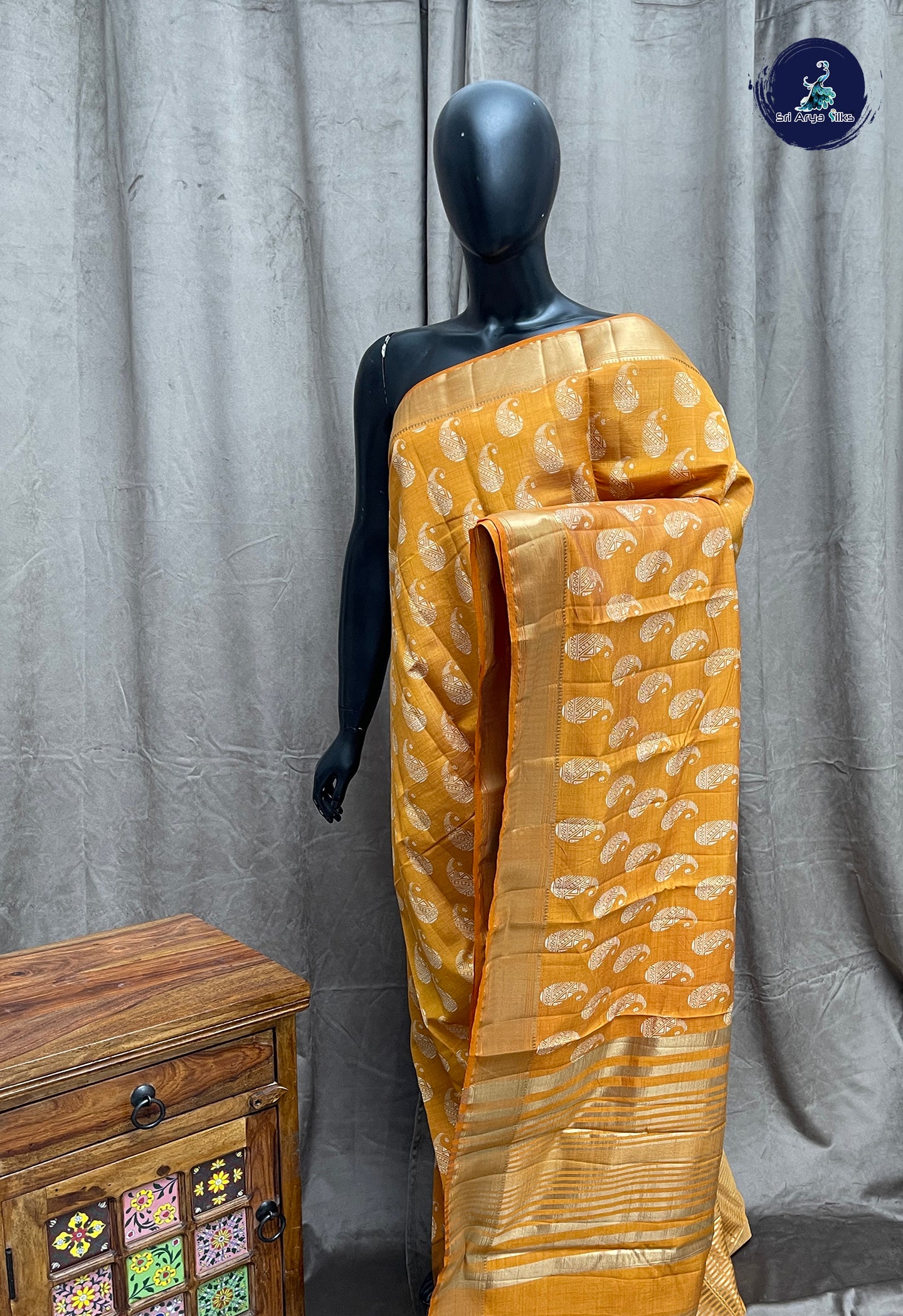 Mustard Yellow Semi Tussar Saree With Printed Pattern