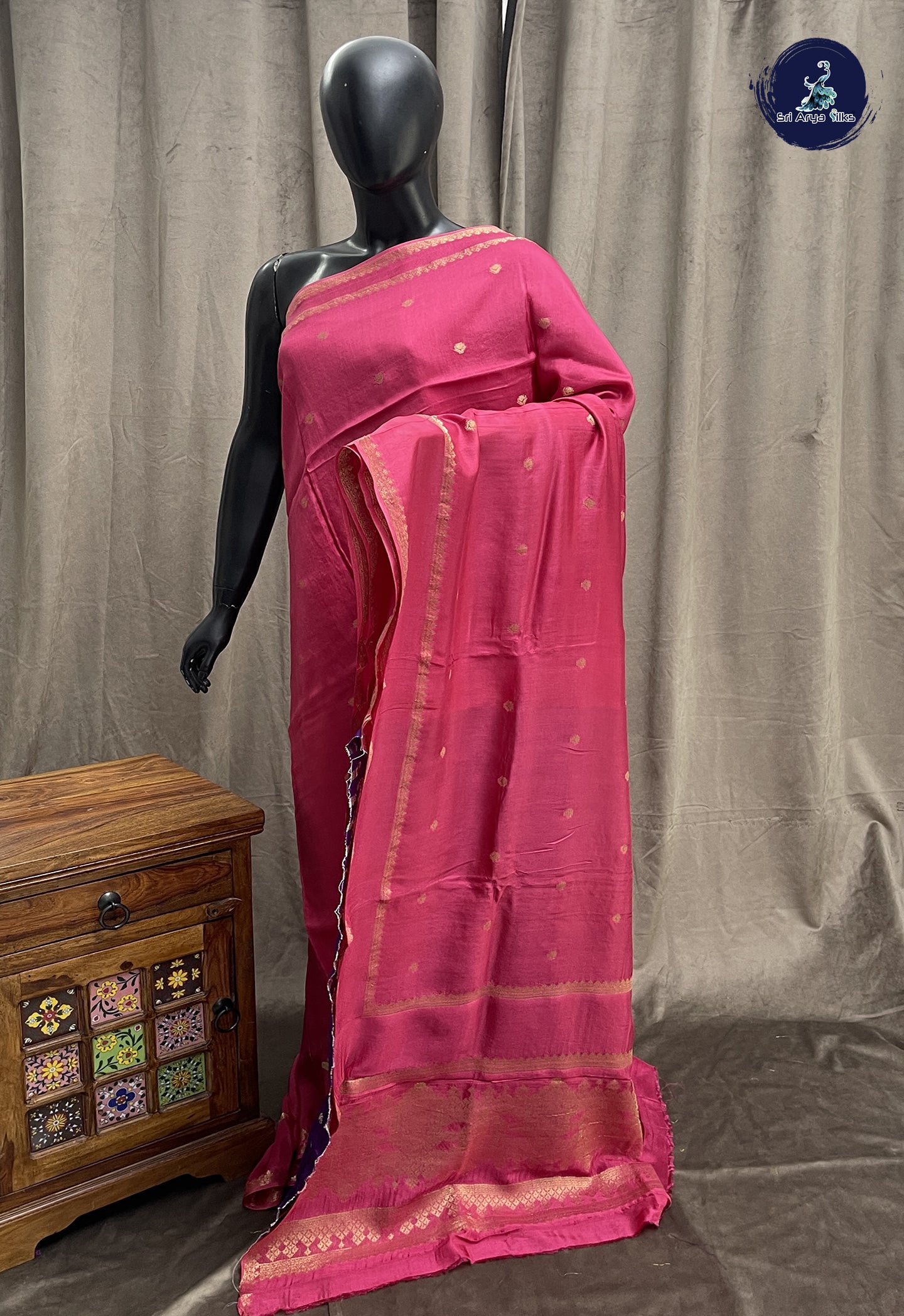 Reddish Pink Mysore Silk With Zari Buttas Pattern