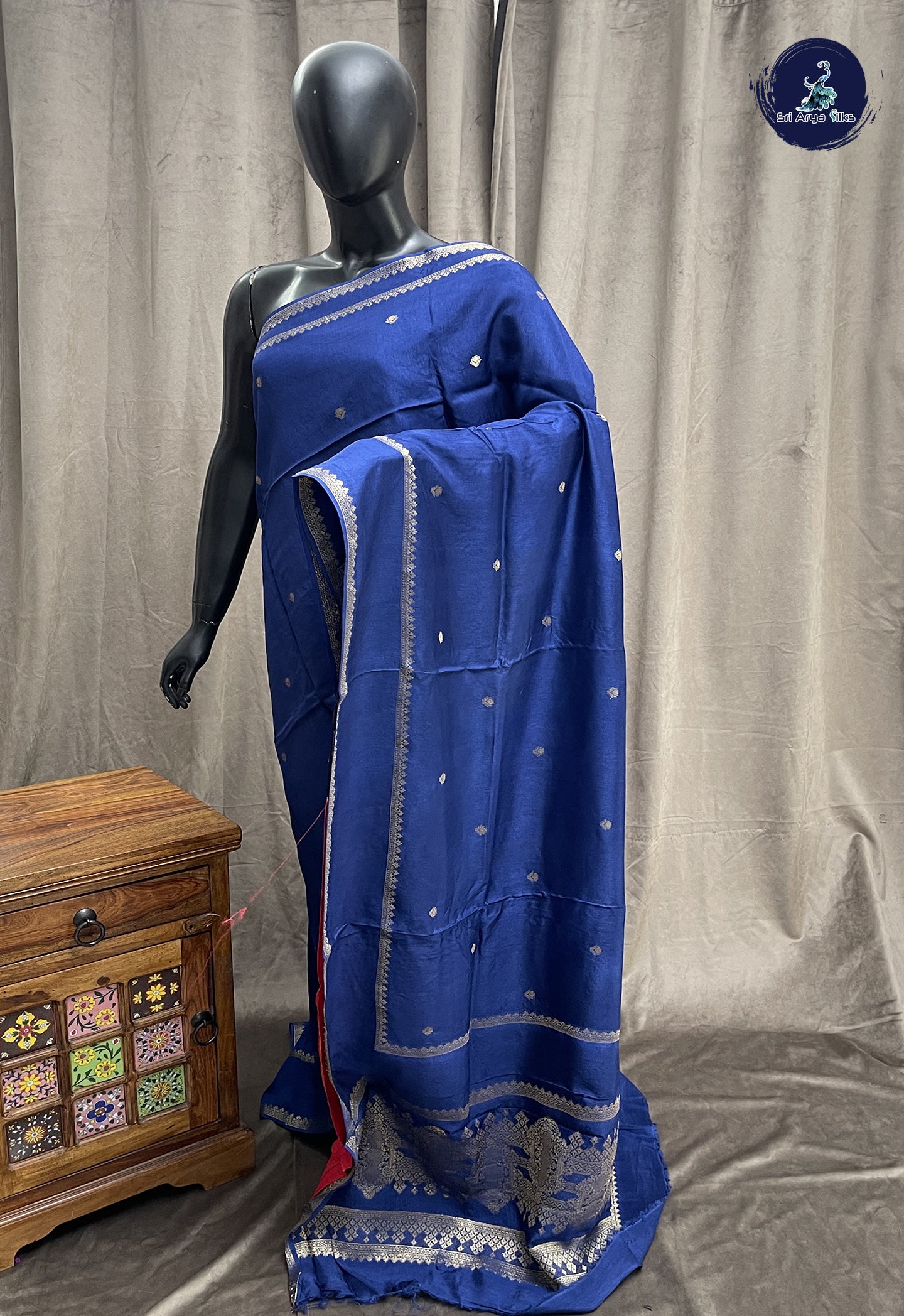 Navy Blue Mysore Silk With Zari Buttas Pattern