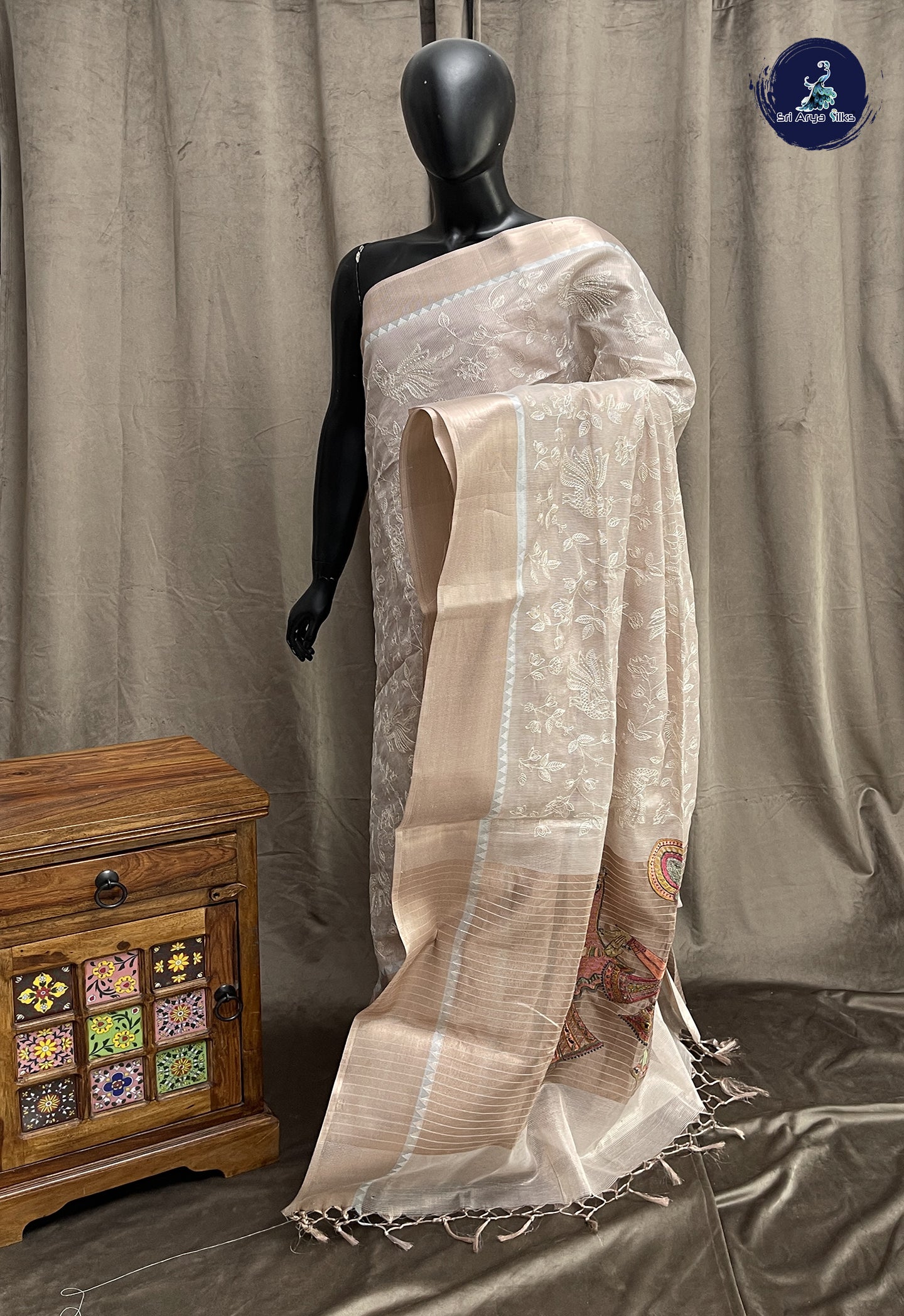 Beige Pink Tissue Banarasi Saree With Kalamkari Pattern