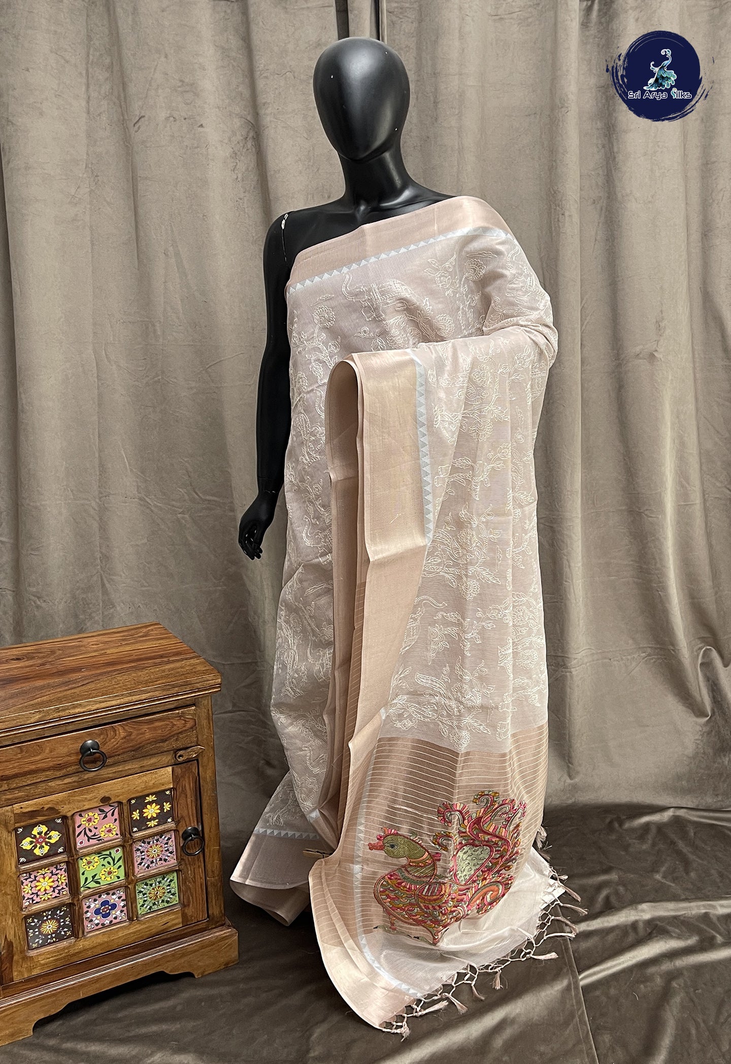 Beige Pink Tissue Banarasi Saree With Kalamkari Pattern
