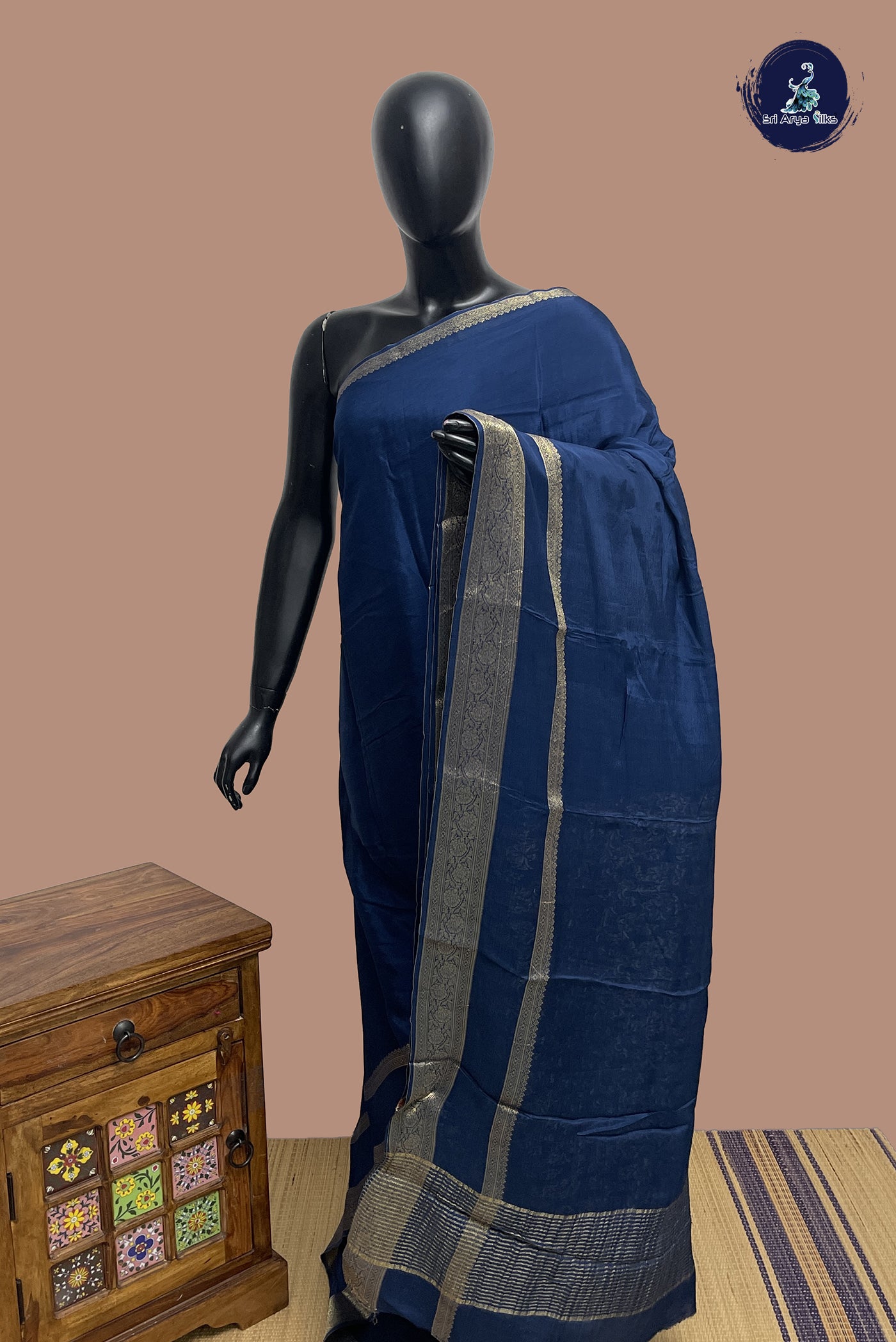 Navy Blue Mysore Silk With Plain Pattern