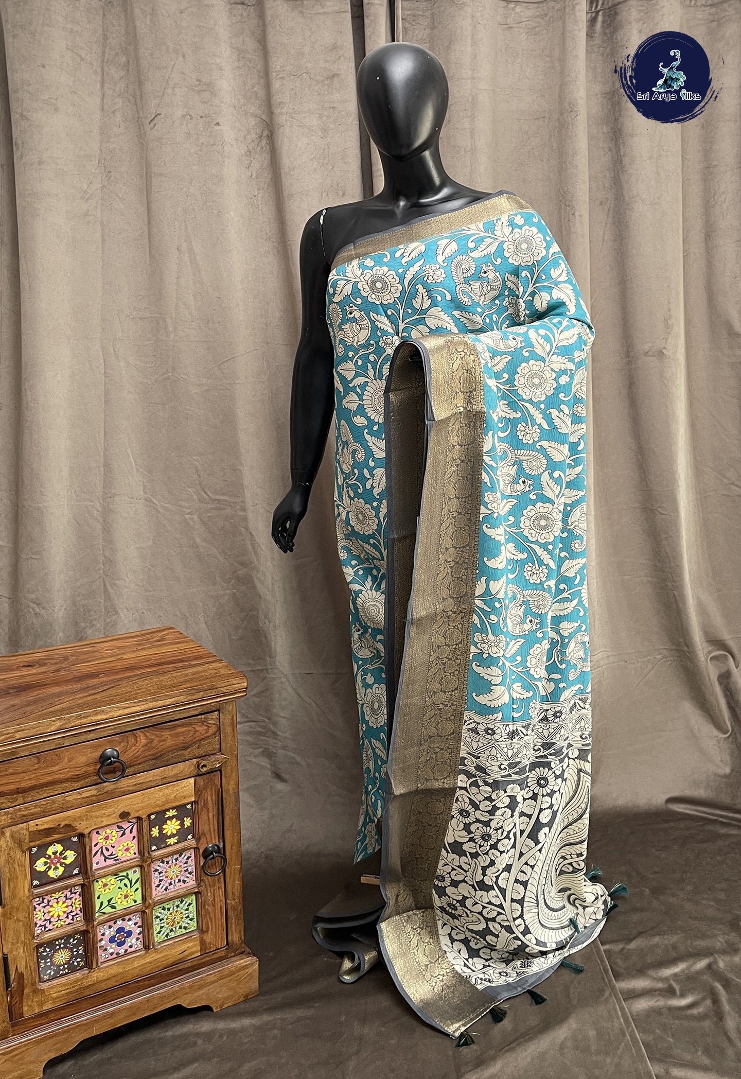 Teal Blue Semi Tussar Saree With Printed Pattern