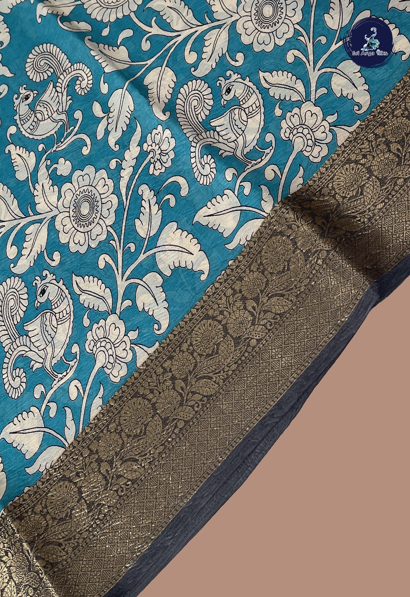 Teal Blue Semi Tussar Saree With Printed Pattern