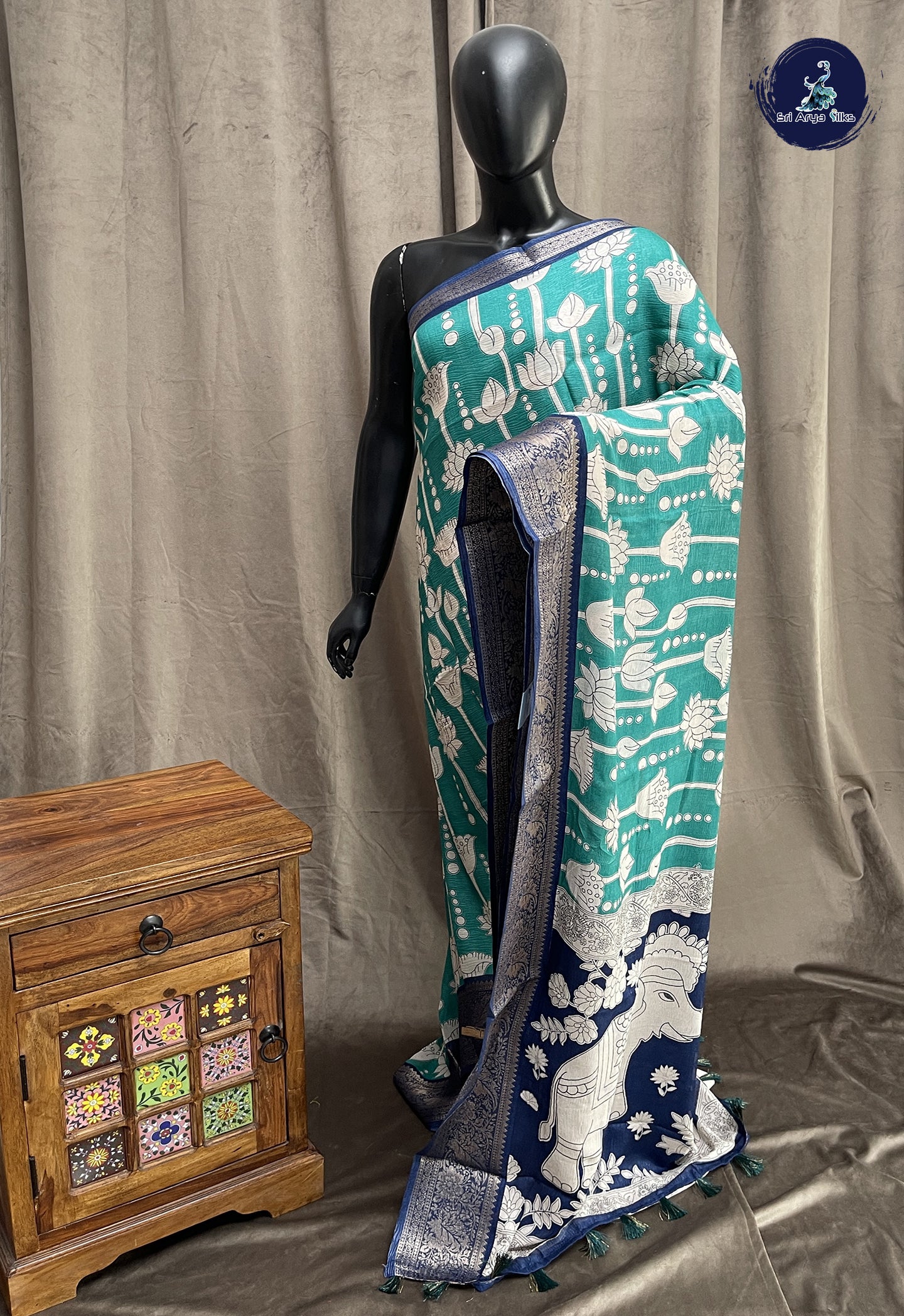 Teal Semi Tussar Saree With Printed Pattern
