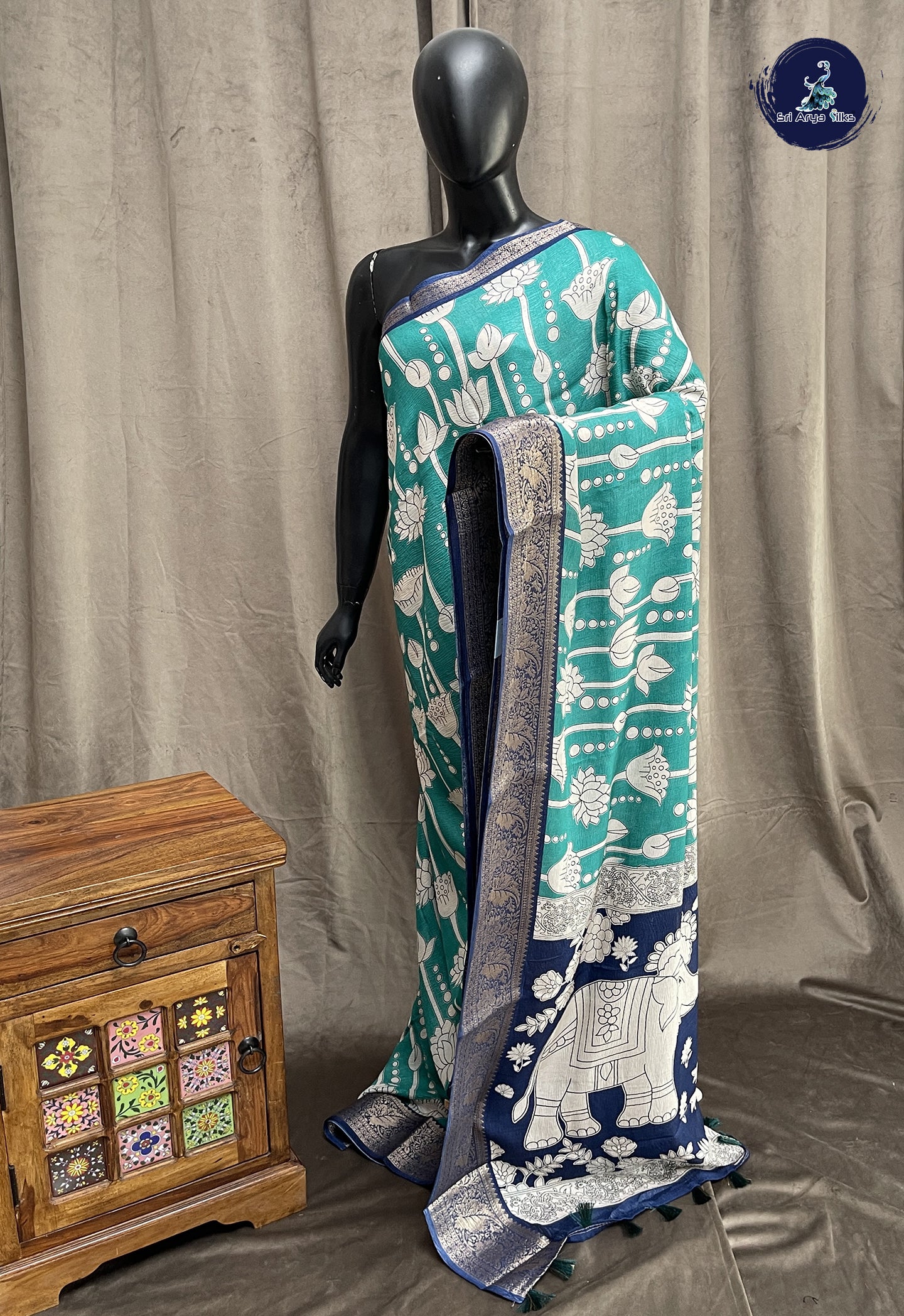 Teal Semi Tussar Saree With Printed Pattern