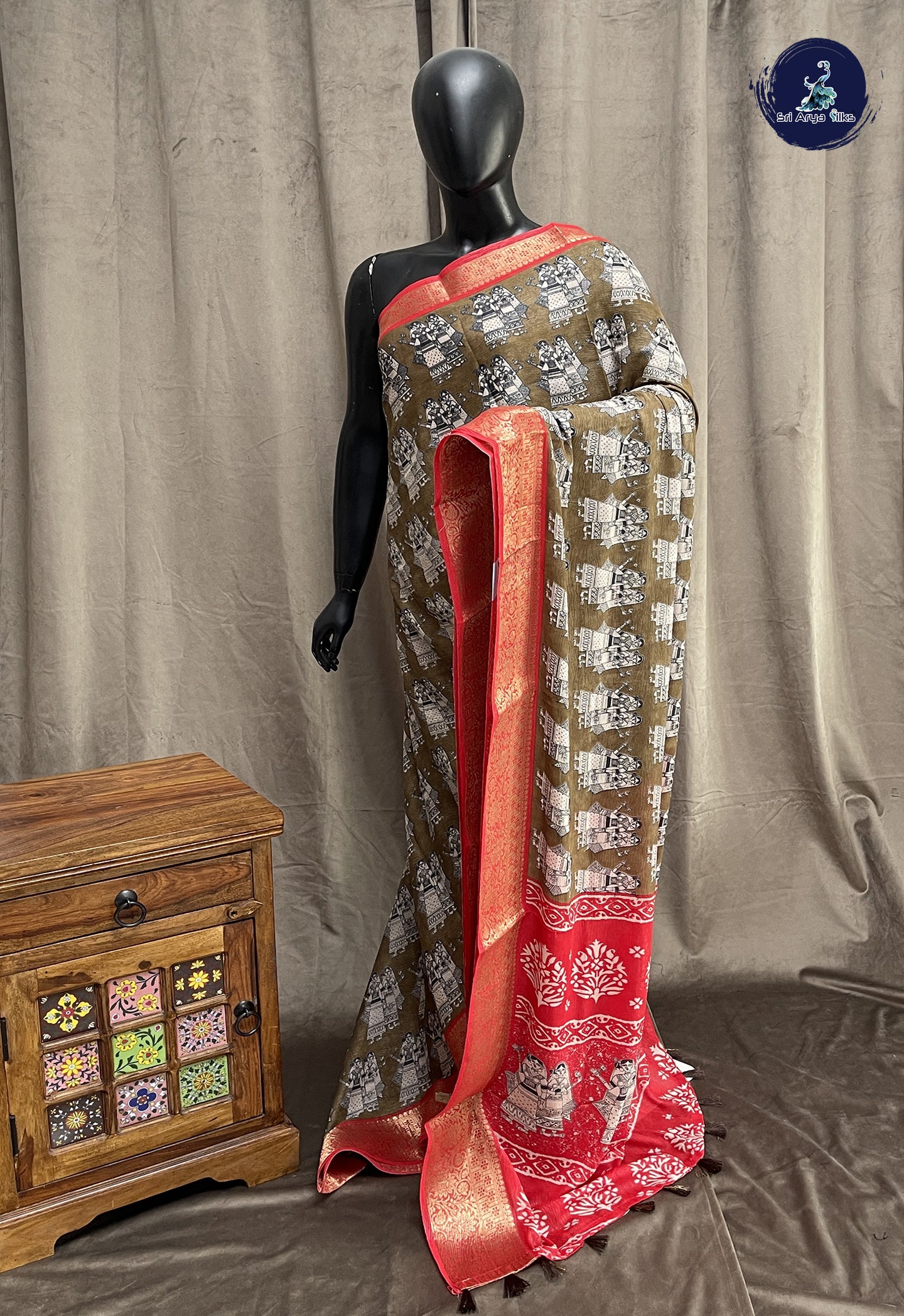 Khaki Semi Tussar Saree With Printed Pattern