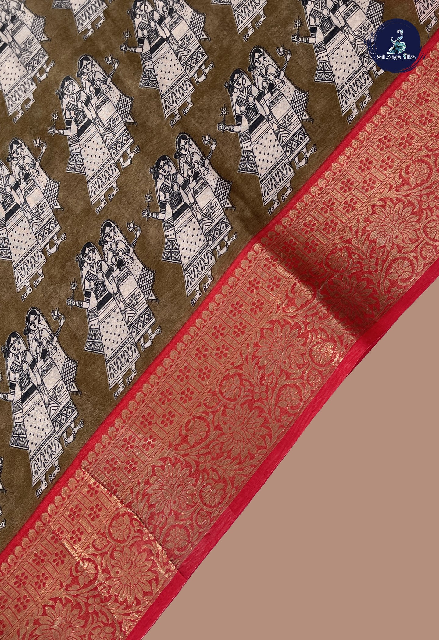 Khaki Semi Tussar Saree With Printed Pattern