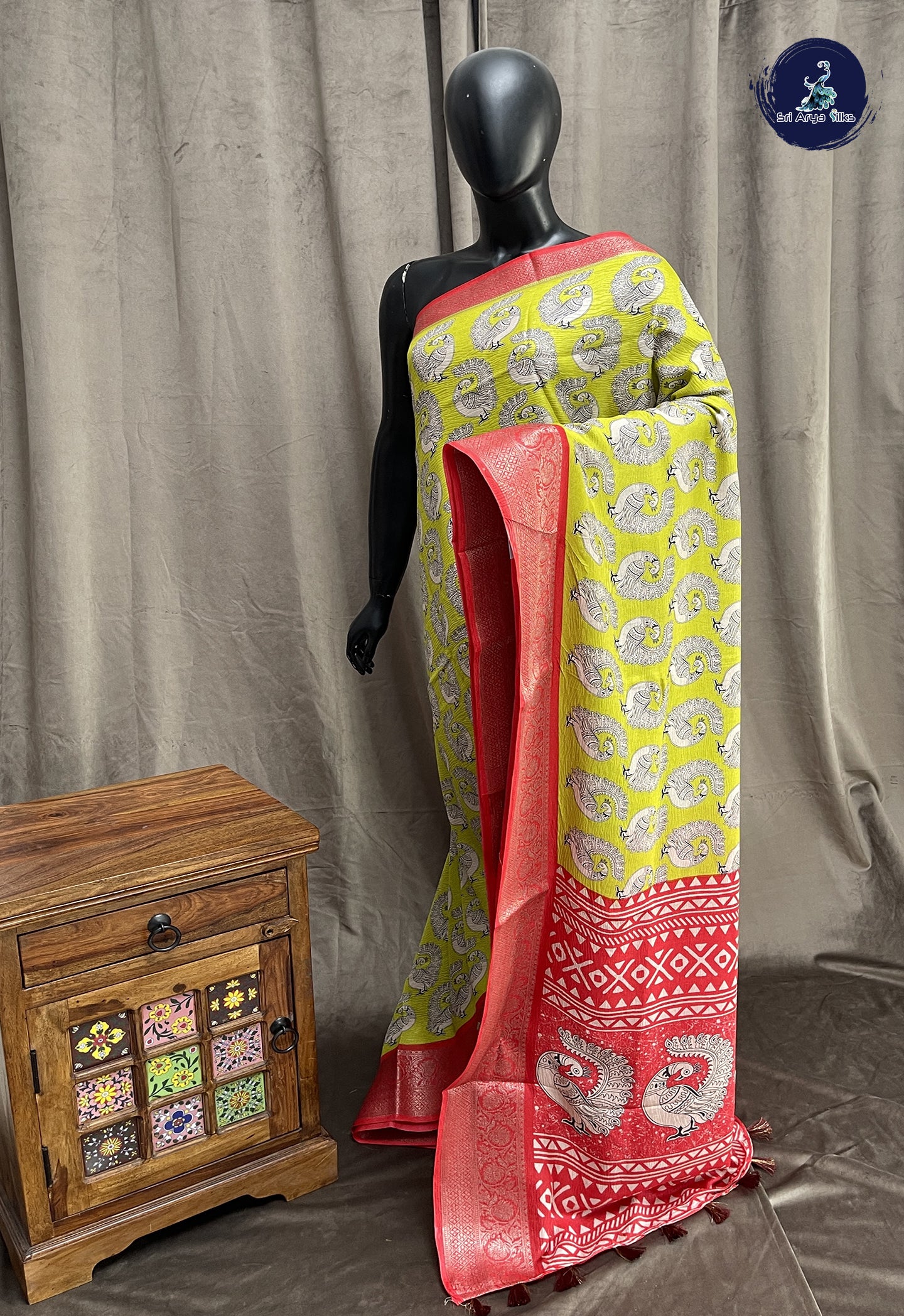Flurocent Green Semi Tussar Saree With Printed Pattern