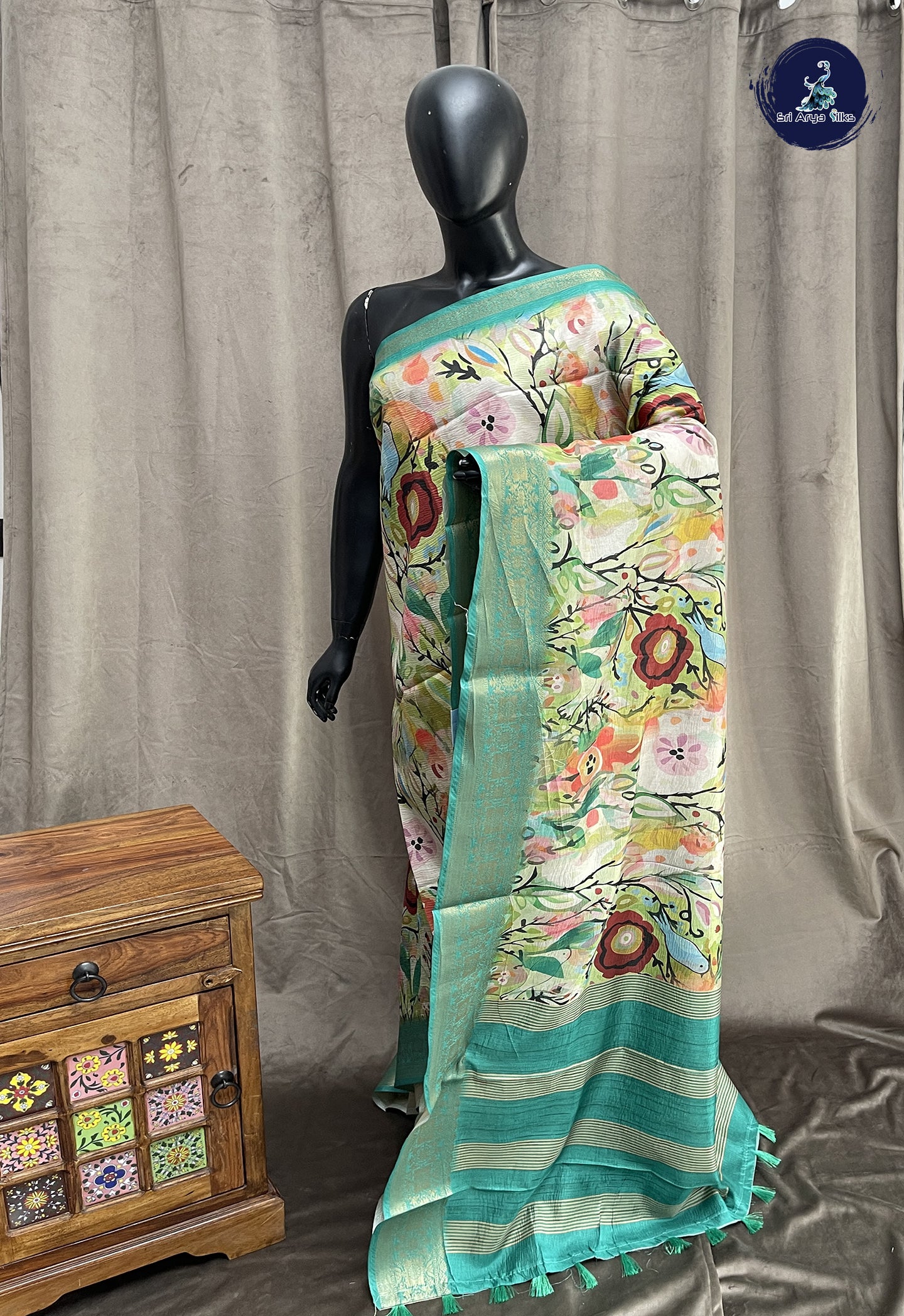 Pastel Green Semi Tussar Saree With Printed Pattern