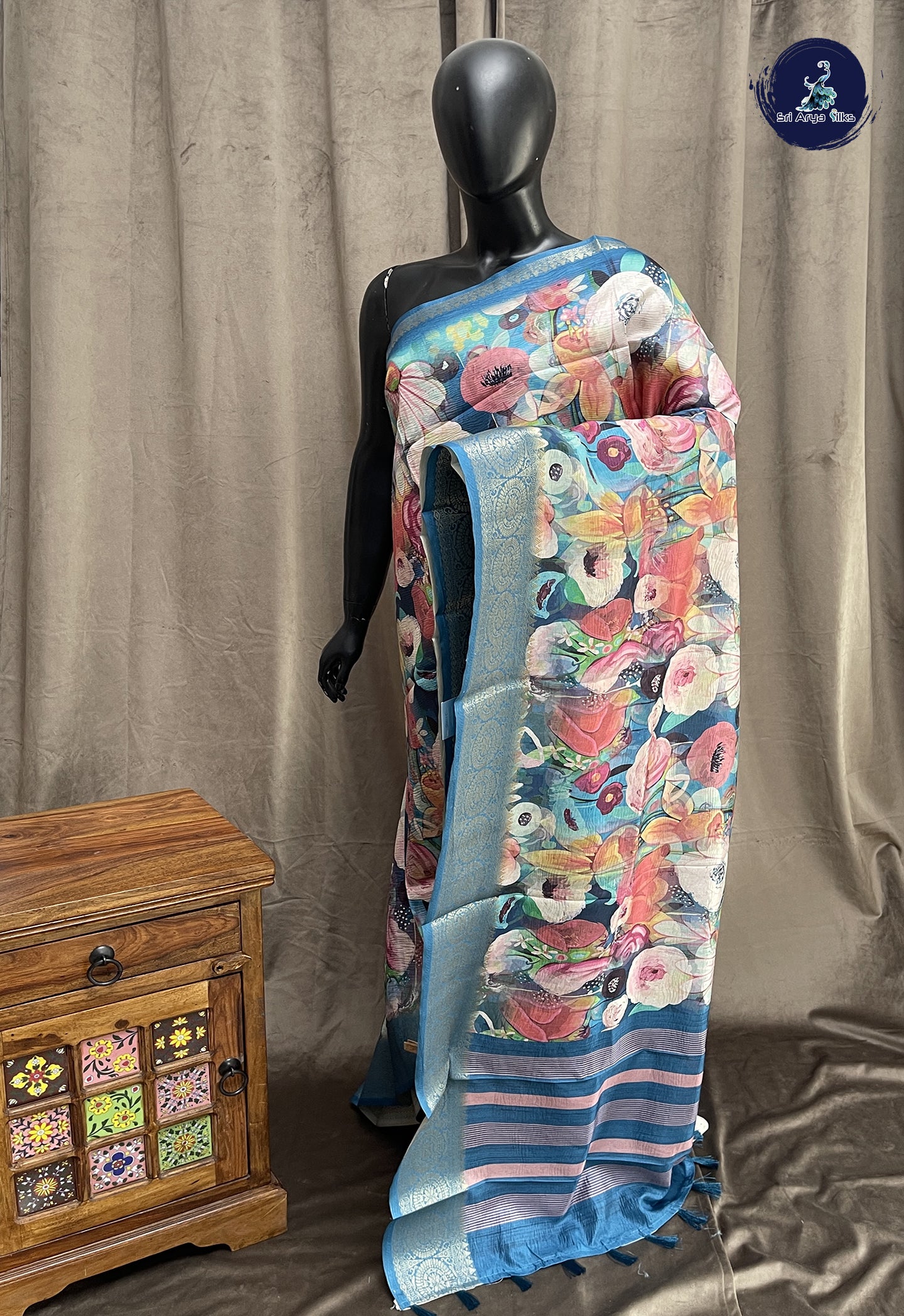 Blue Semi Tussar Saree With Printed Pattern