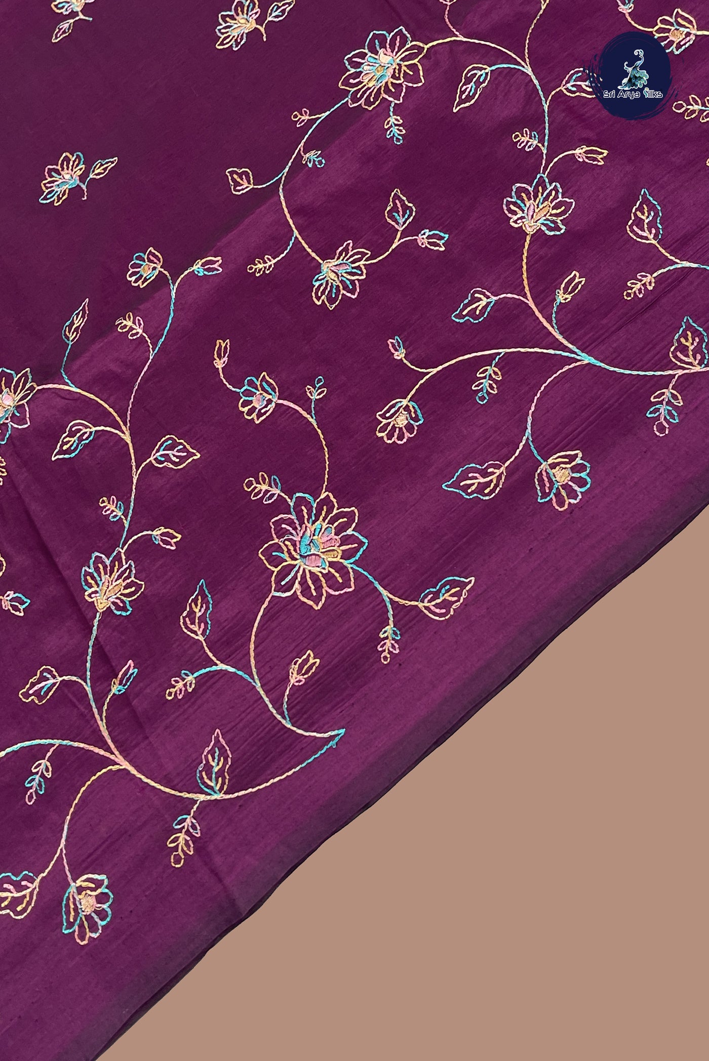 Dark Brinjal Semi Silk Cotton Saree With Thread Work Pattern