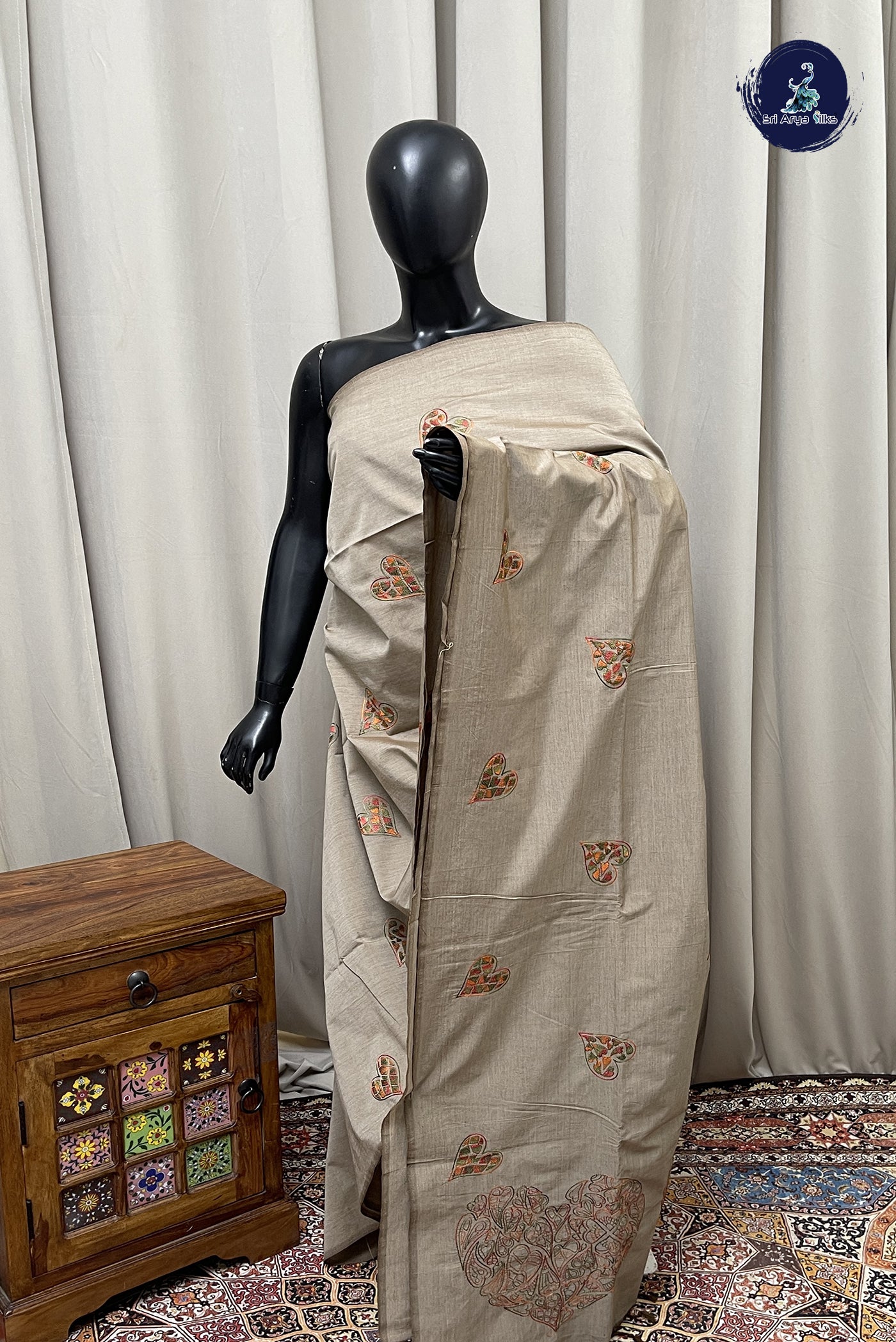 Light Brown Semi Silk Cotton Saree With Thread Work Pattern