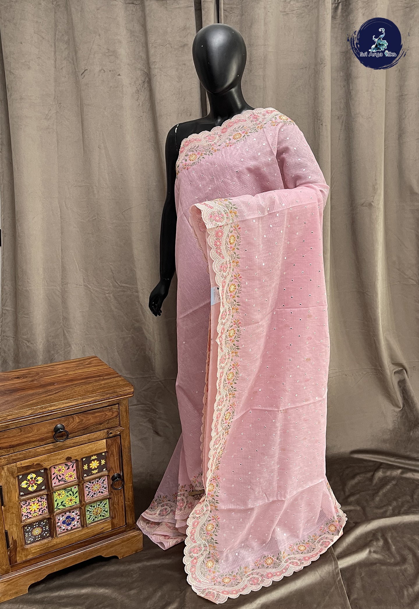 Baby Pink Kota Chanderi Saree With Sequence Work Pattern