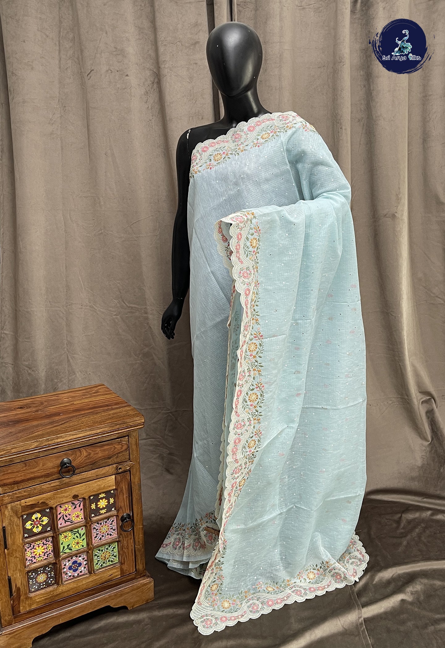 Powder Blue Kota Chanderi Saree With Sequence Work Pattern