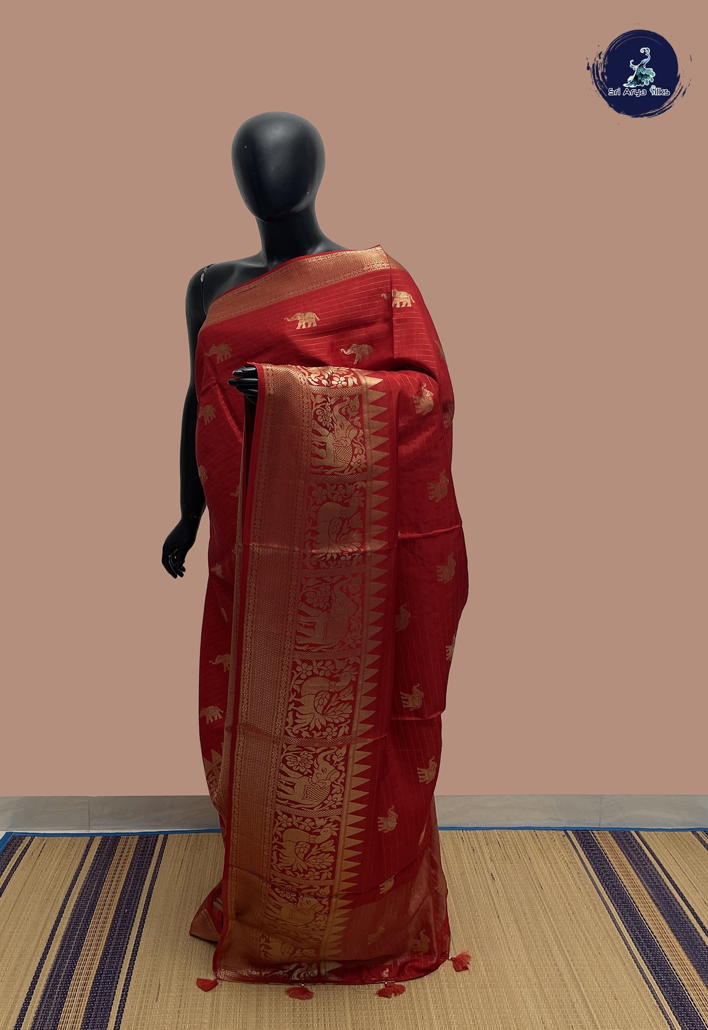 Red Semi Banarasi Saree With Zari Buttas Pattern