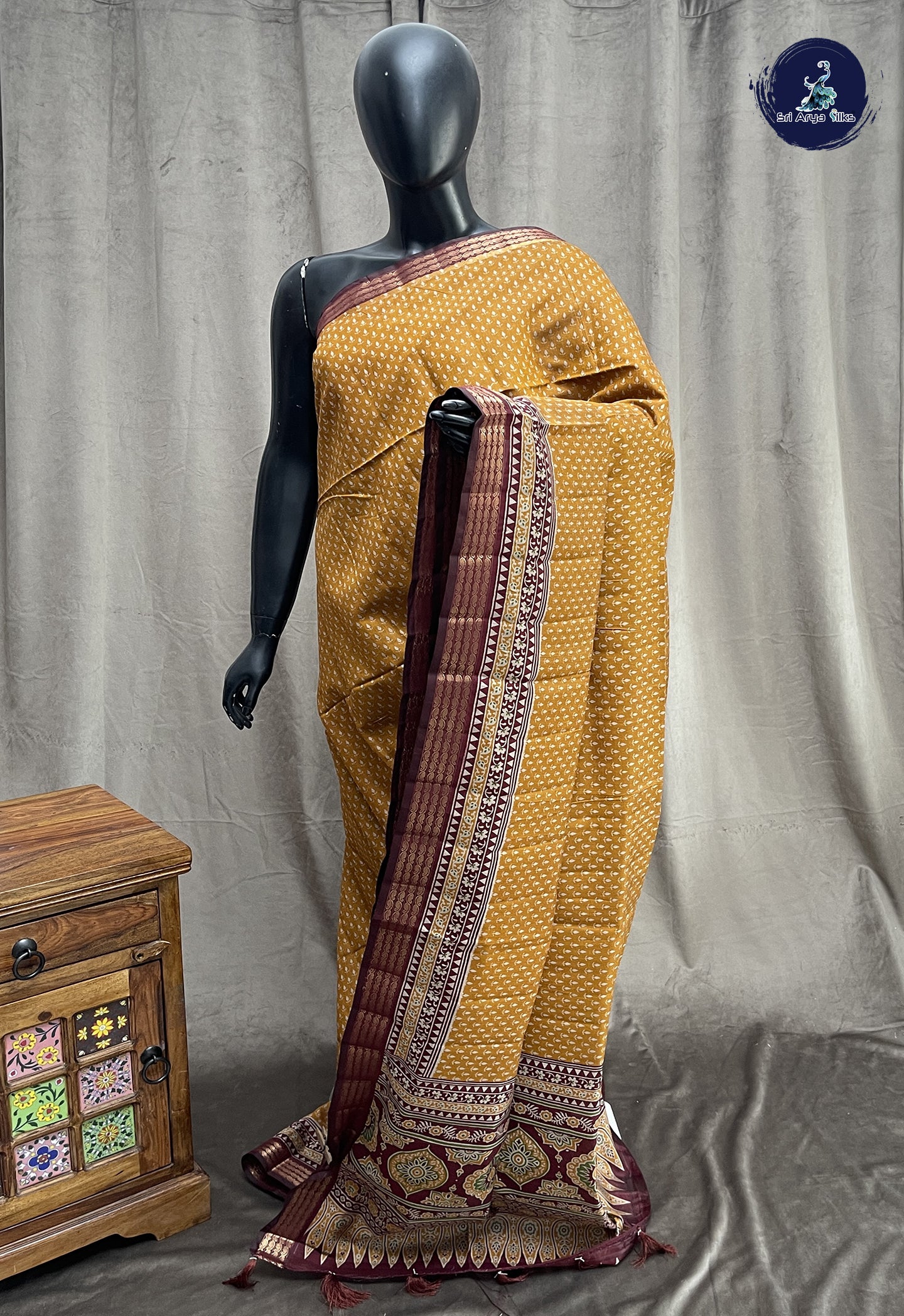 Mustard Chanderi Silk Cotton Saree With Printed Pattern