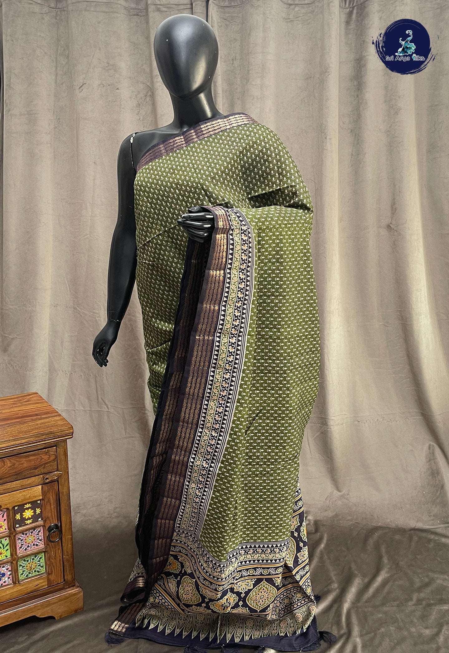Green Chanderi Silk Cotton Saree With Printed Pattern
